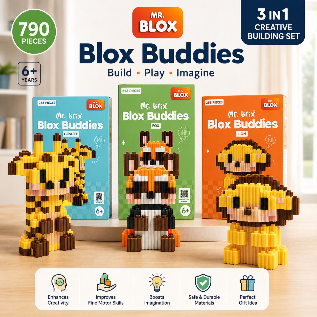 Mr. Brix Blox Buddies DIY Block Building Set pack of 3 ( Lion, Giraffe, Fox )-image-3