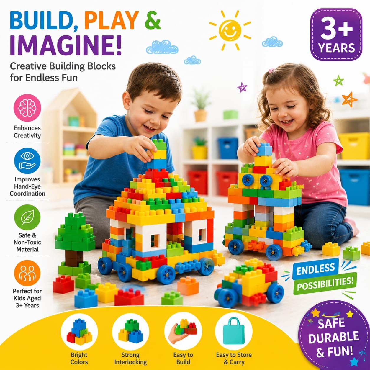 Creative Building Blocks Set 100 Pieces with Wheels for Kids 3+-image-15