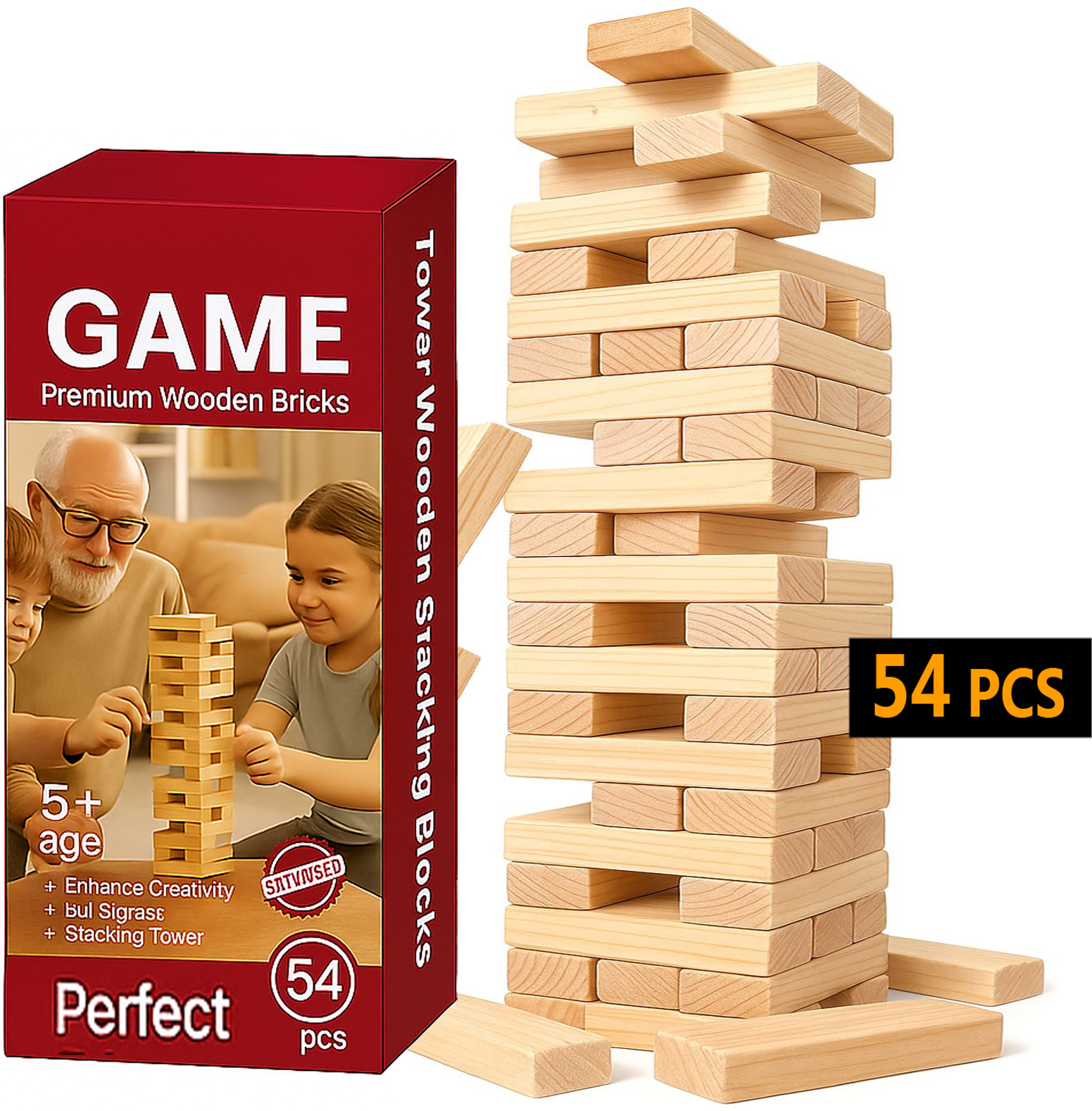 jingaplayme Wooden Stacking Puzzle | 54PCS Tower Blocks | Skill Game for Kids image 1