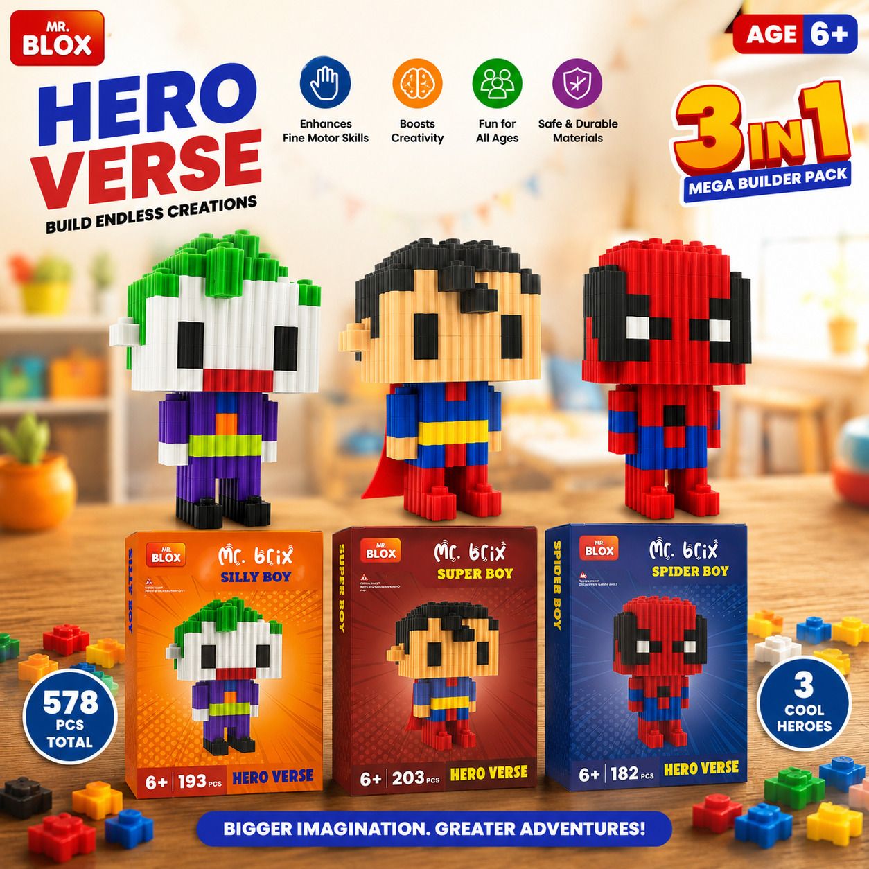 mr. blox Hero Verse Building Blocks Pack of 3 ( Spider Boy, Super boy & Silly Boy)-picture-47