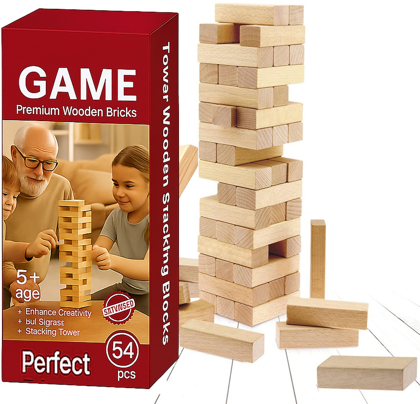 jingaplayme Classic Wooden Tower Blocks | 54PCS Puzzle for Kids & Adults image 1