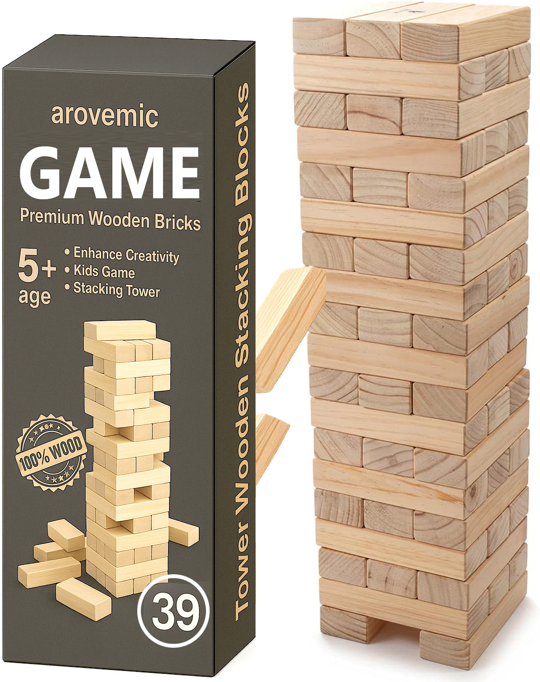 arovemic Tip-Top Jenga Wooden Block Stacking Tower Game for Kids Ages 5+ image 1