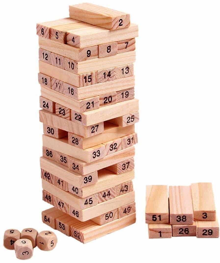 amisha gift gallery 48 Pcs Blocks 4 Dices Wooden Numbered Building Bricks Stacking Classic Traditional Toppling Tumbling Tower Game Kid Gift-picture-14