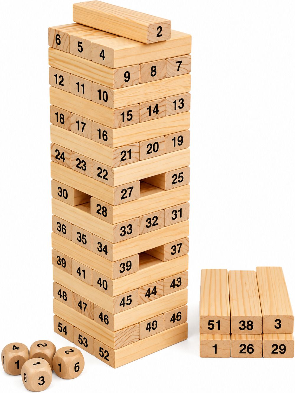 vema 54 PCS Wooden Number Blocks Jenga Game with 4 Dice Educational Toy-picture-44