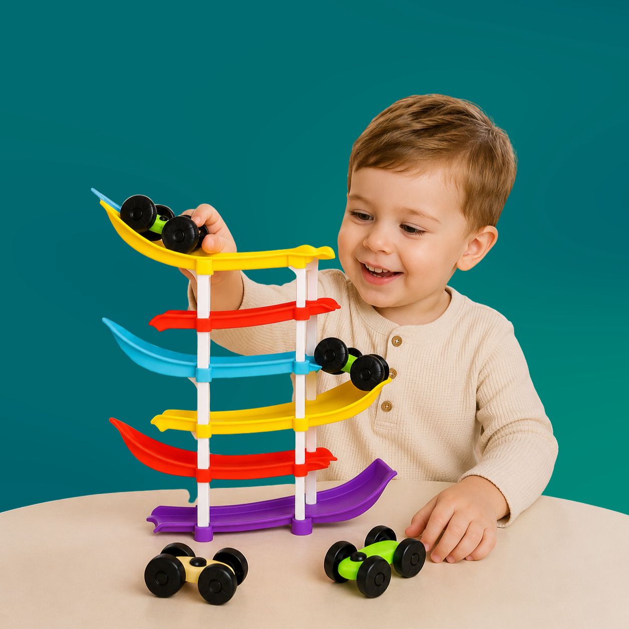 tileez Multi Level Car Ramp Track Toy Set for Kids with Mini Racing Cars-picture-10