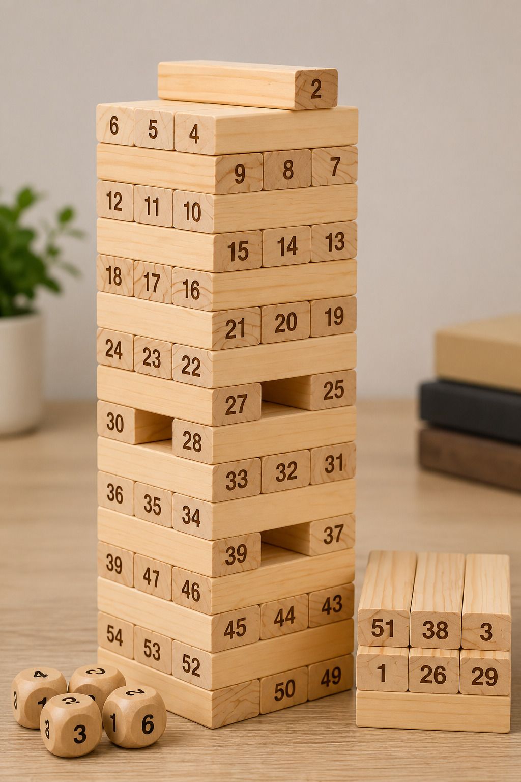 vema Wooden Jenga 54 PCS Number Blocks Stacking Game with 4 Dice-picture-32