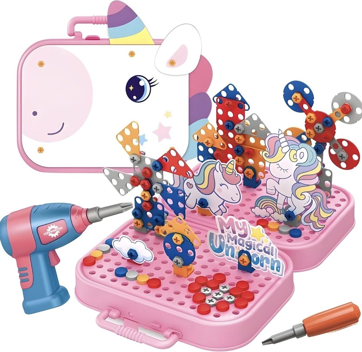 happy chappie Unicorn DIY Electric Drill Tool Set 228Pcs 3D Mosaic Puzzle Building Toy for Kid-picture-4