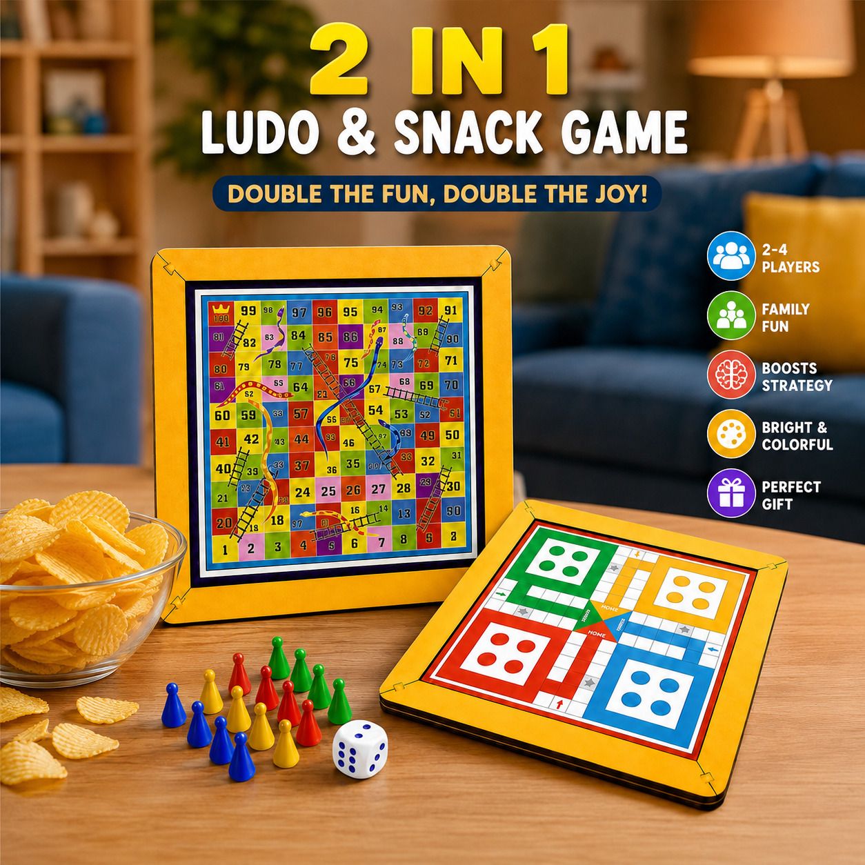 2 in 1 Wooden Ludo & Snake and Ladder Board Game Set for Kids and Family Party & Fun Board Game-image-33
