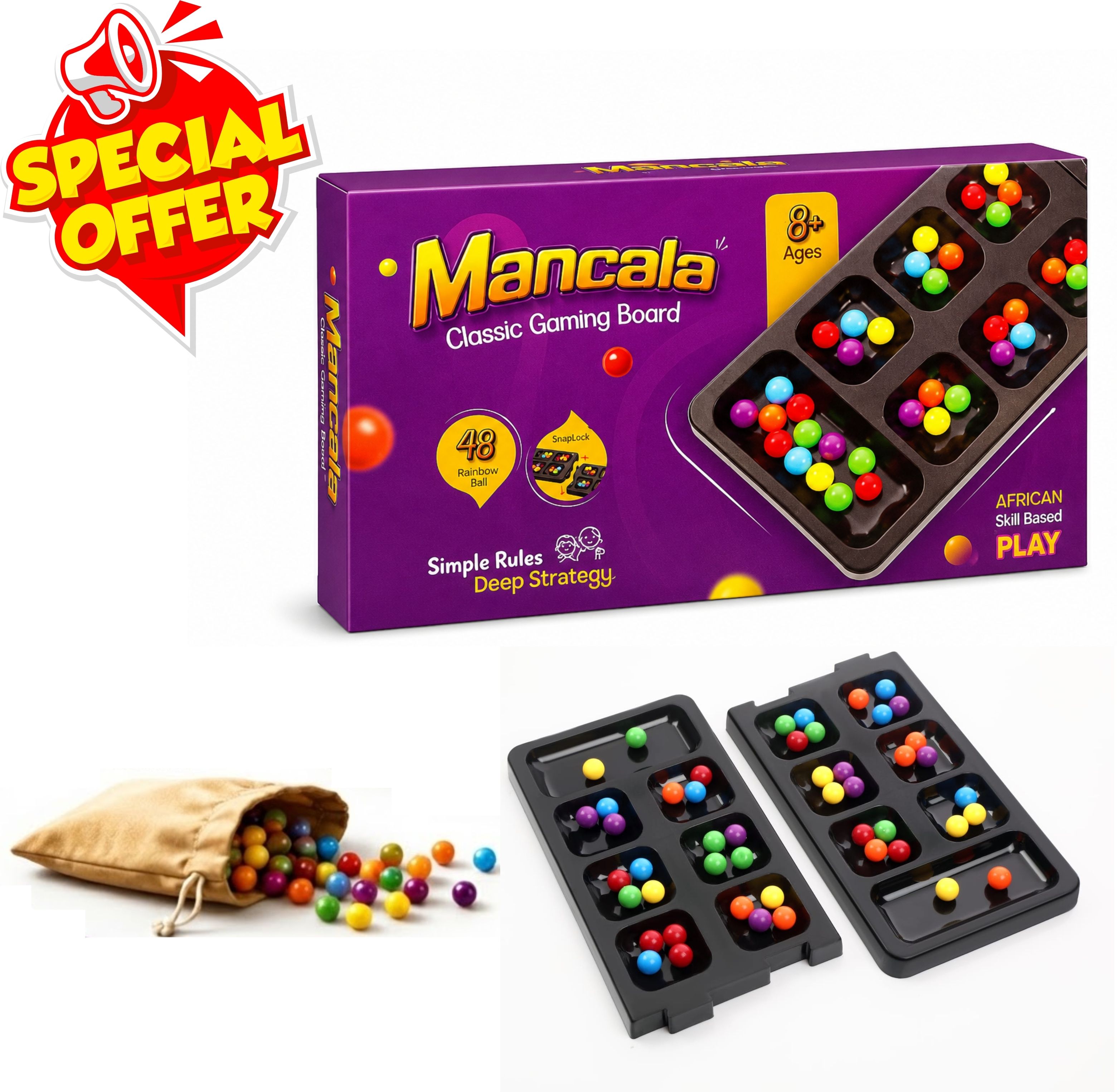 kikilala Mancala Strategy Board Game with 48 Rainbow Ball Folding Educational Family Game Strategy & War Board Game-picture-19