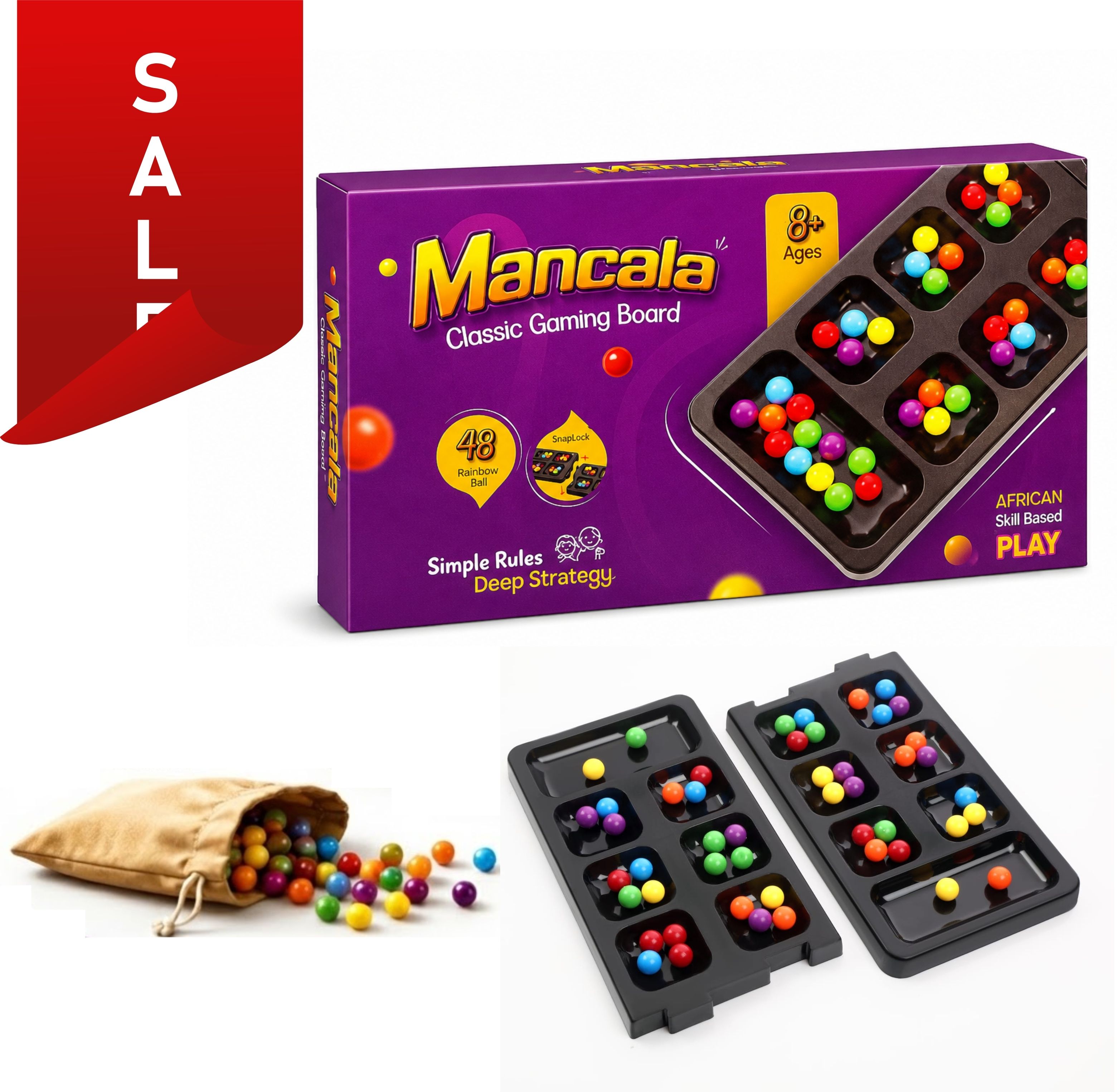 Mancala Strategy Game with 48 Colorful Balls Folding Educational Board Game Strategy & War Board Game-image-25