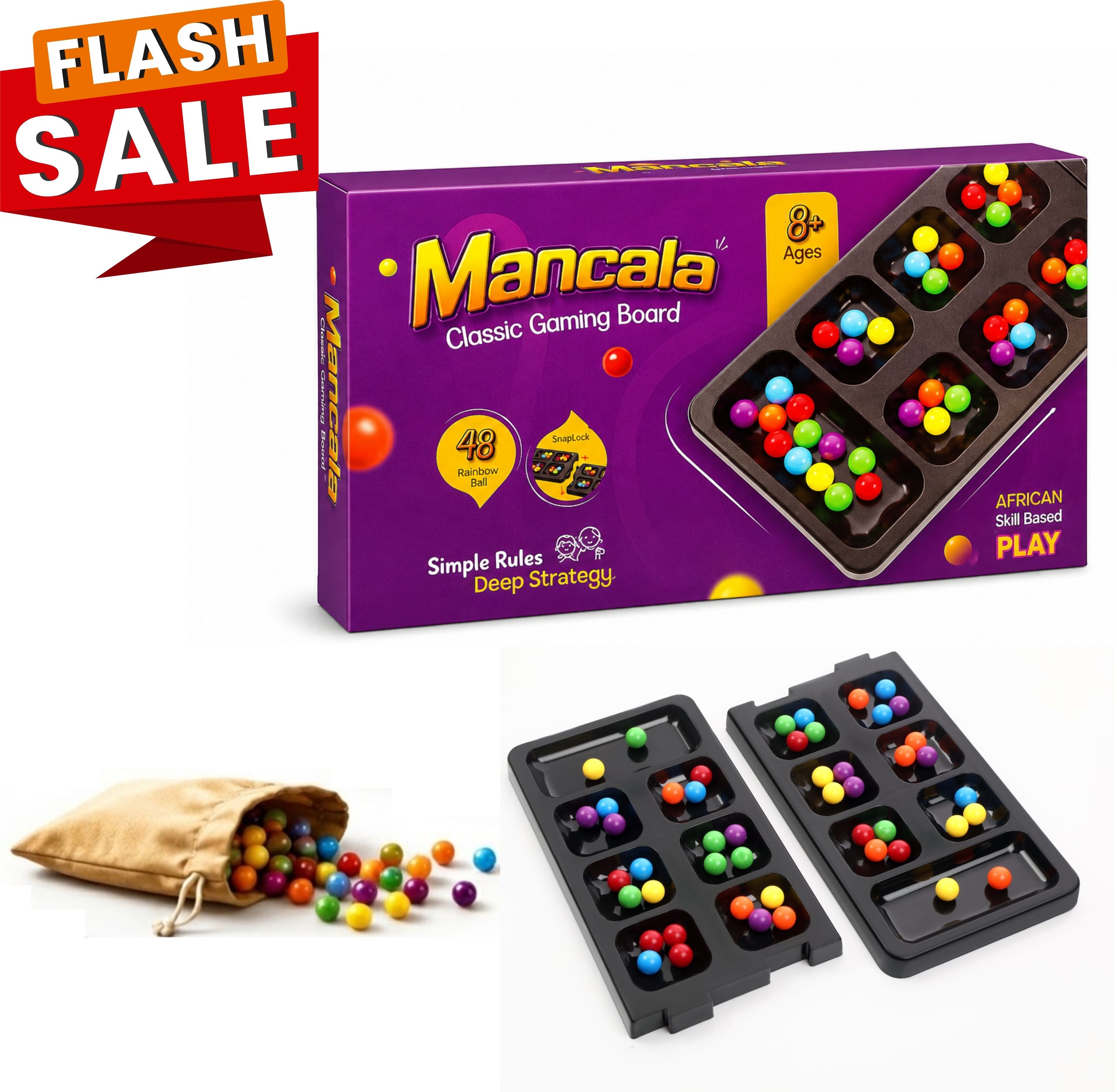Snap Lock Mancala Board Game with 48 Colorful Ball Brain Learning FamilyFun Game Strategy & War Board Game-image-30