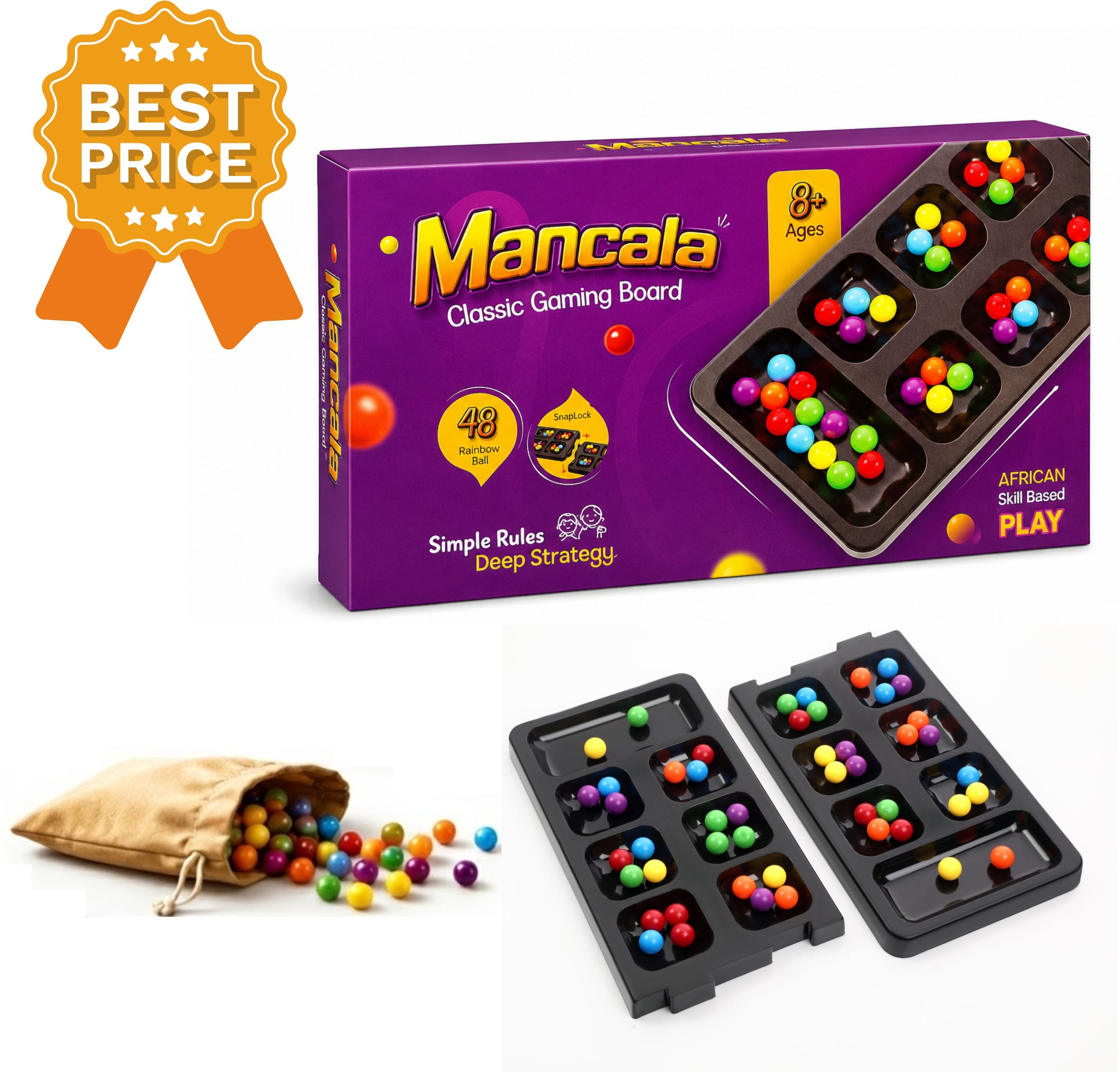 Educational Mancala Board Game 48 Rainbow Balls Snap Lock Travel Family Fun Game Strategy & War Board Game-image-38