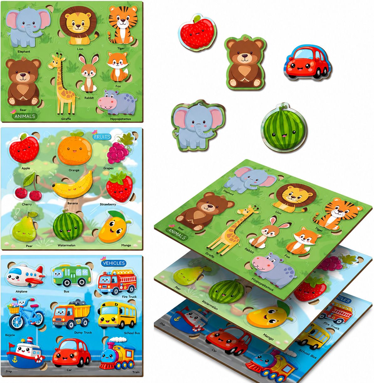Wooden Educational Peg Puzzle Board Set for Kids Fruits Animals Vehicles-image-8