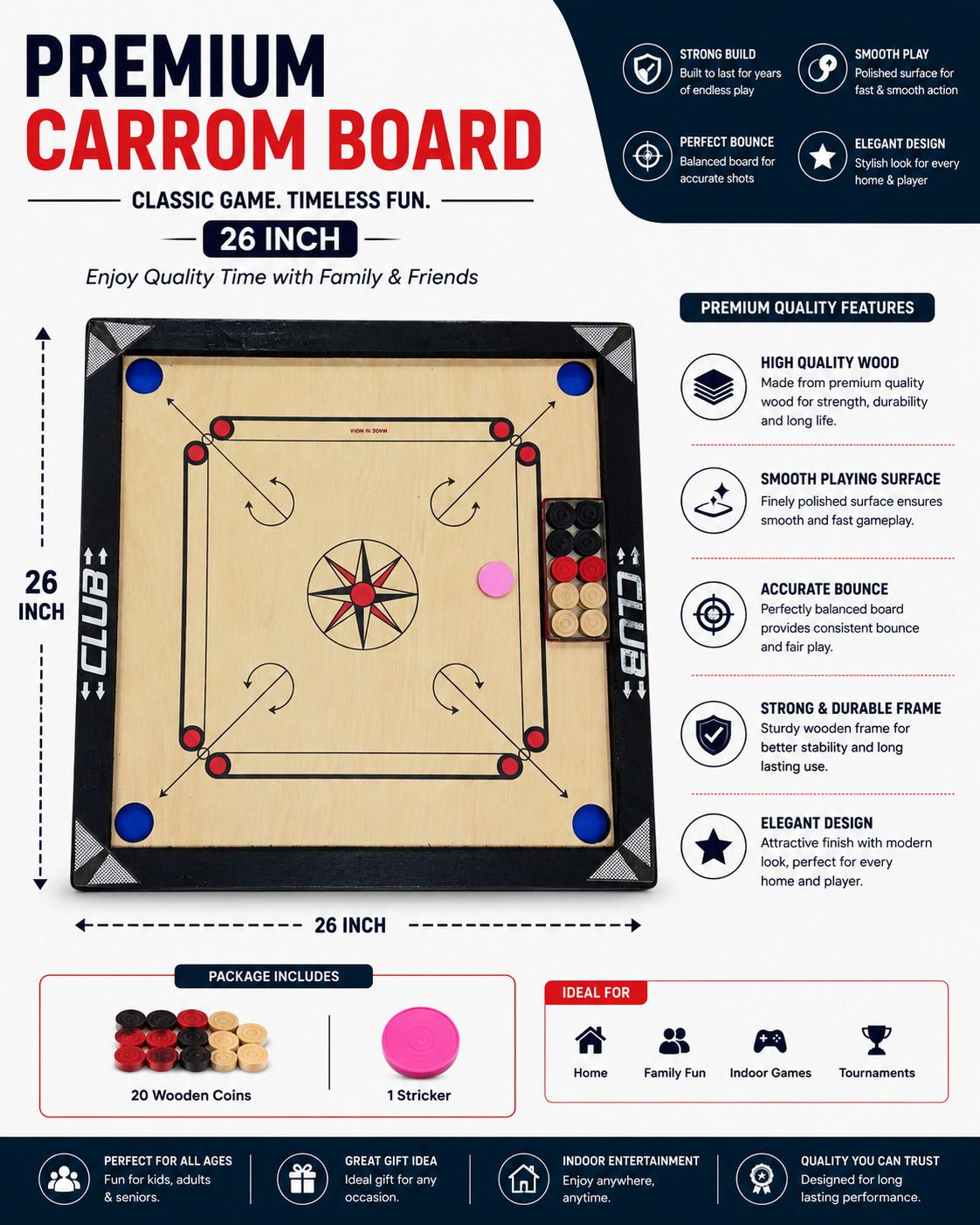 club 26 Inch 4 cm Carrom Board-picture-30