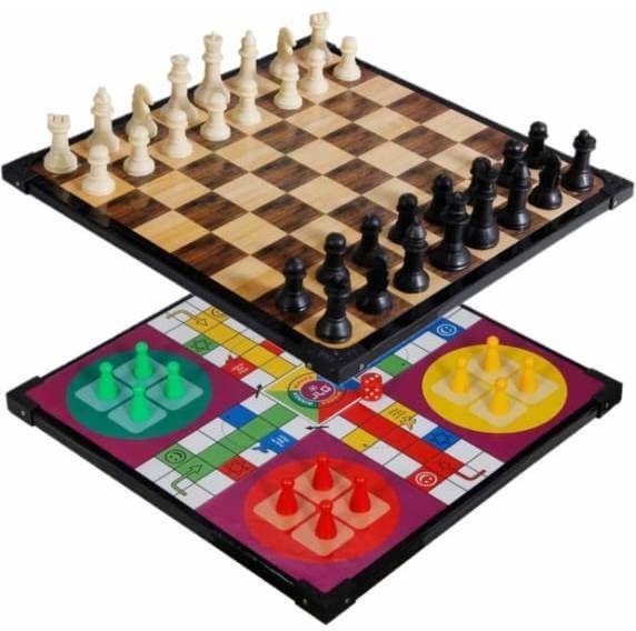 2 in 1 Wooden Finish Ludo and Chess Board Game Set for Kids and Adults 2.5 cm Chess Board