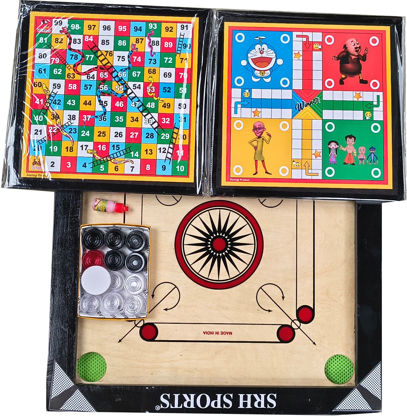 srh sports SMALL SIZE CARROM BOARD 20X20 INCH WITH LUDO & SANKE (COMBO PACK ) 5 cm Carrom Board-picture-23