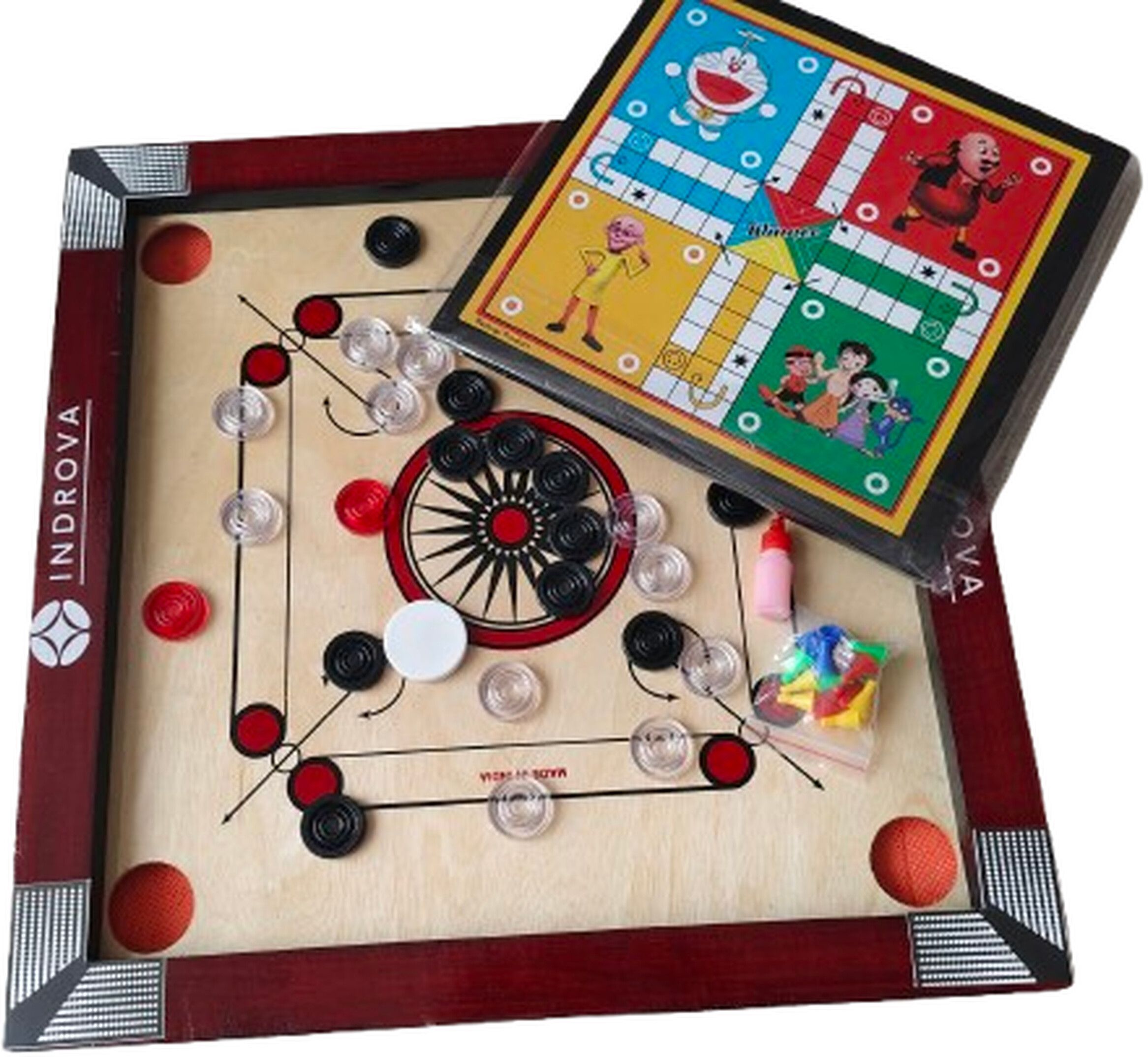 indrova CARROM BOARD 20X20 INCH, LUDO & SANPSEEDI, RED FRAME, BEST GIFT FOR KIDS 50 cm Carrom Board-picture-26