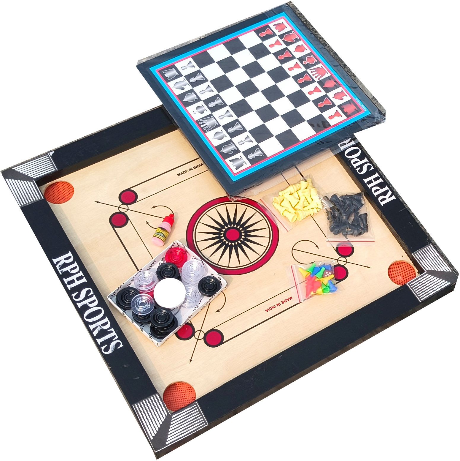 20X20INH SMALL SIZE CARROM WITH 24 CRYSTAL COIN, LUDO & CHESS, 5 GM POWDER 50 cm Carrom Board-image-38