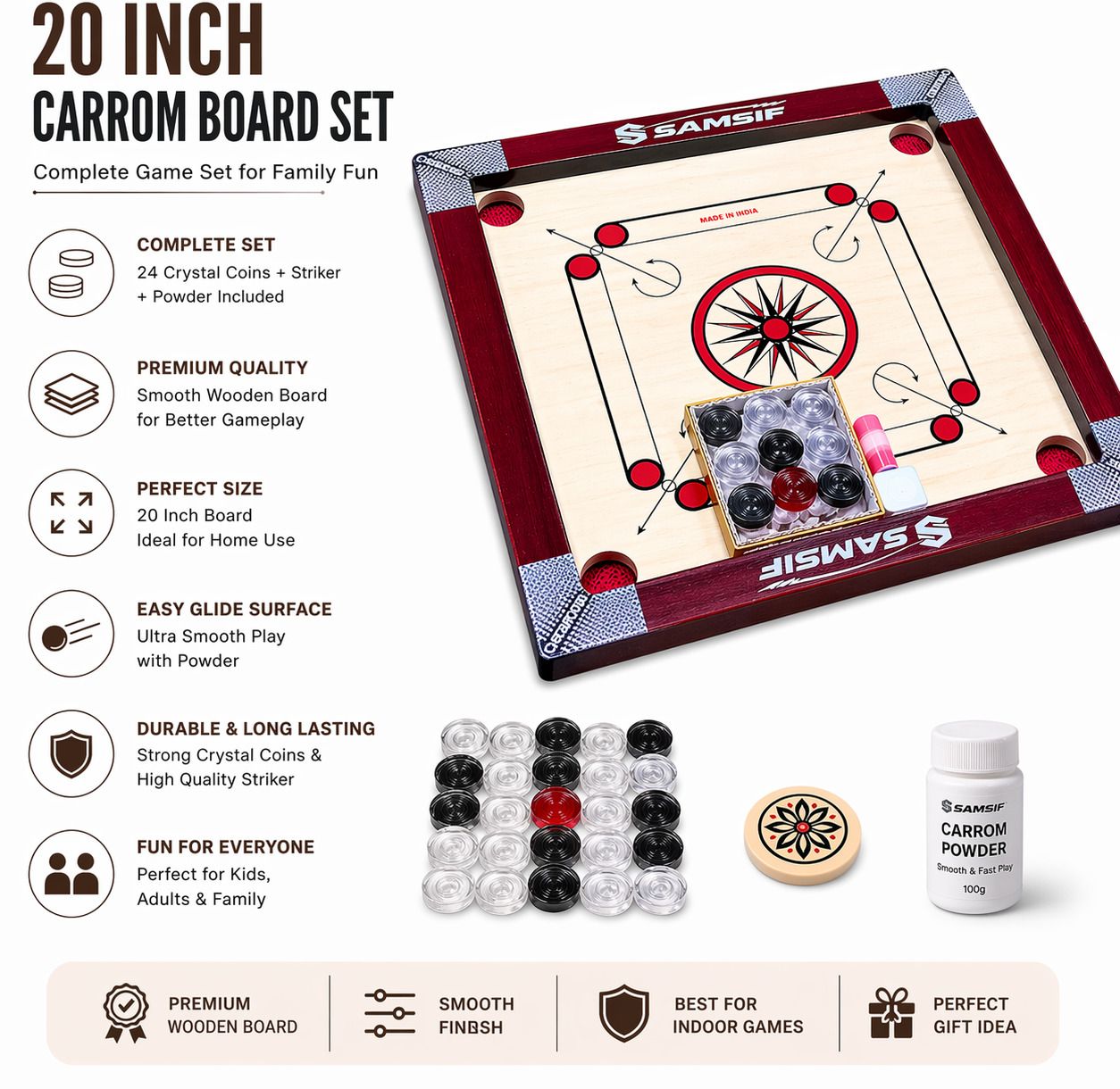 samsif 20 Inch Premium Set Indoor Game for Kids & Adults 4 cm Carrom Board-picture-11