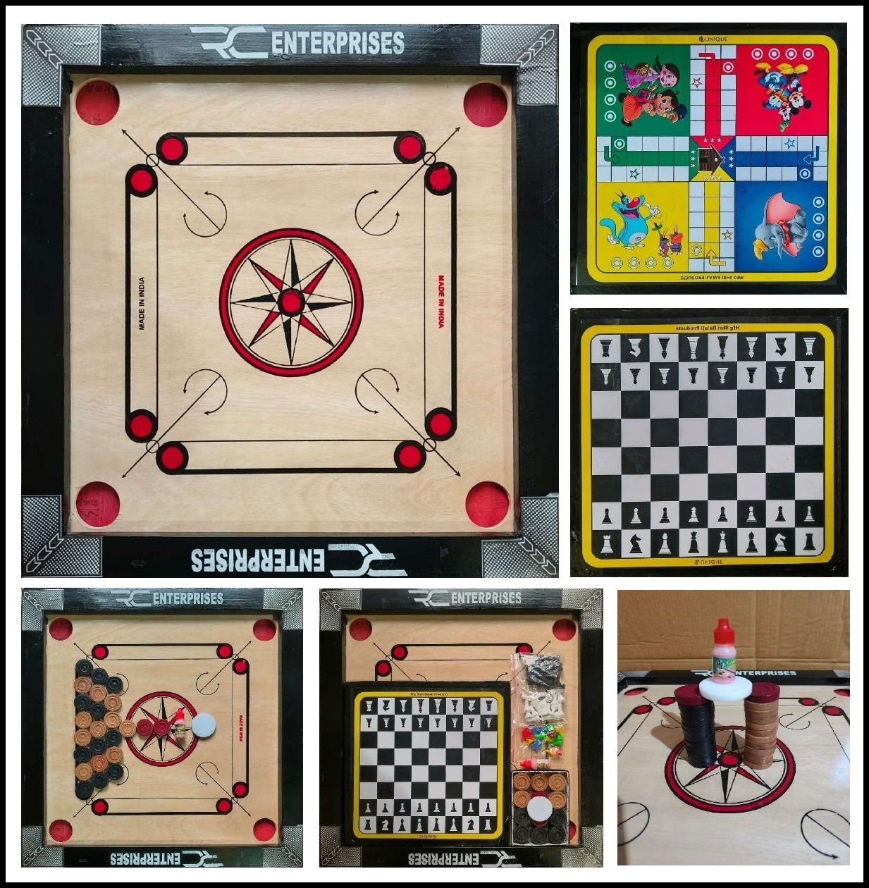 CARROM BOARD 20 Inch with Ludo&Chess, 24Pcs. Wooden Coins, Powder, Striker 50 cm Carrom Board