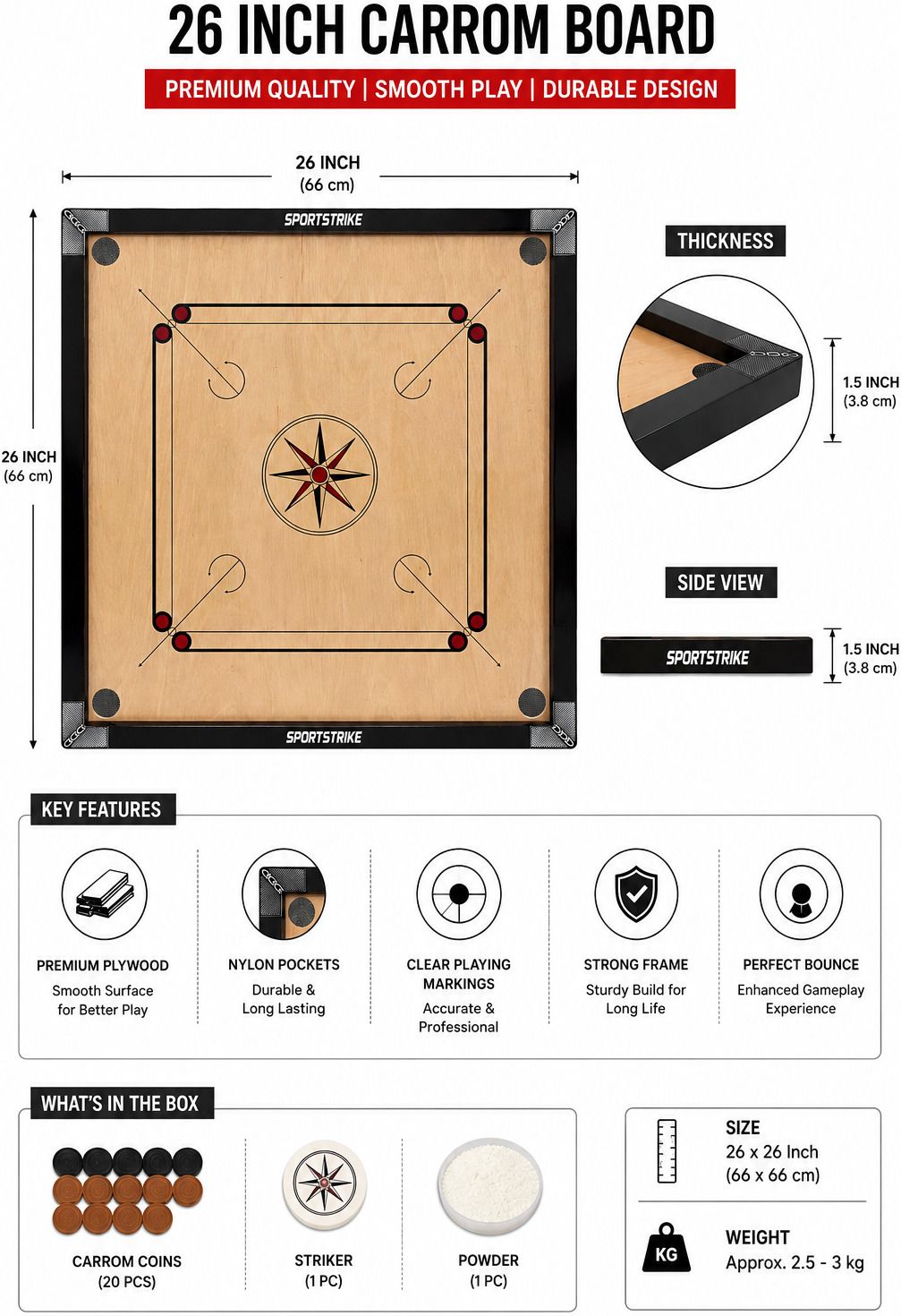 sportstrike Waterproof Carrom Board 26-26 66 cm Carrom Board-picture-37