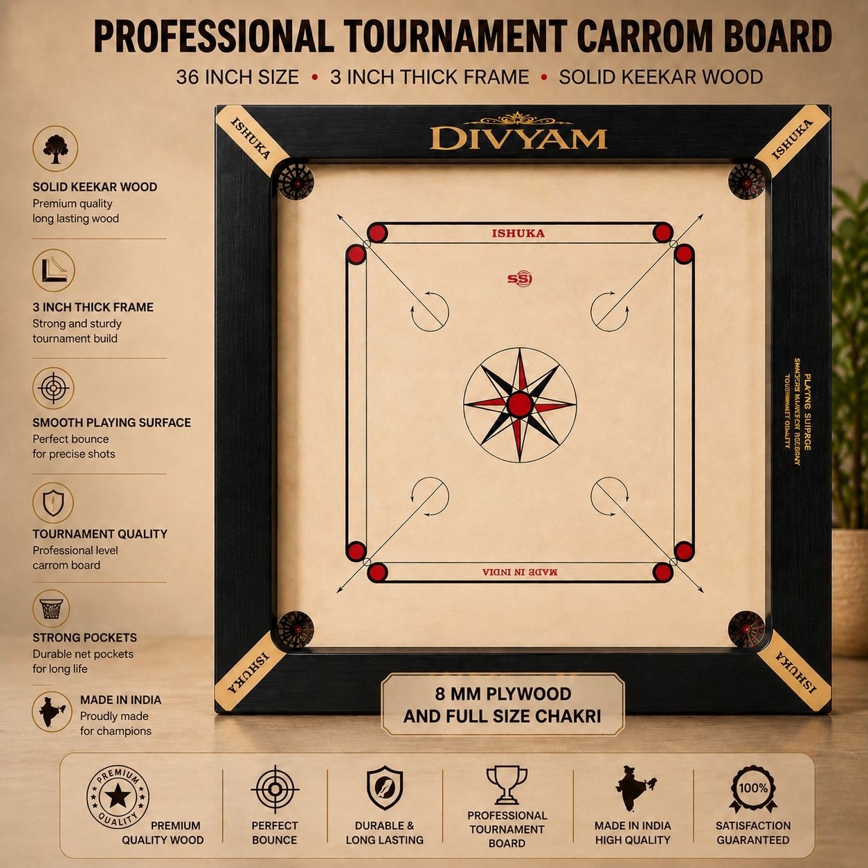 divyam 36 inch with 3 inch frame, premium wood coins, disco powder and striker 91 cm Carrom Board-picture-34