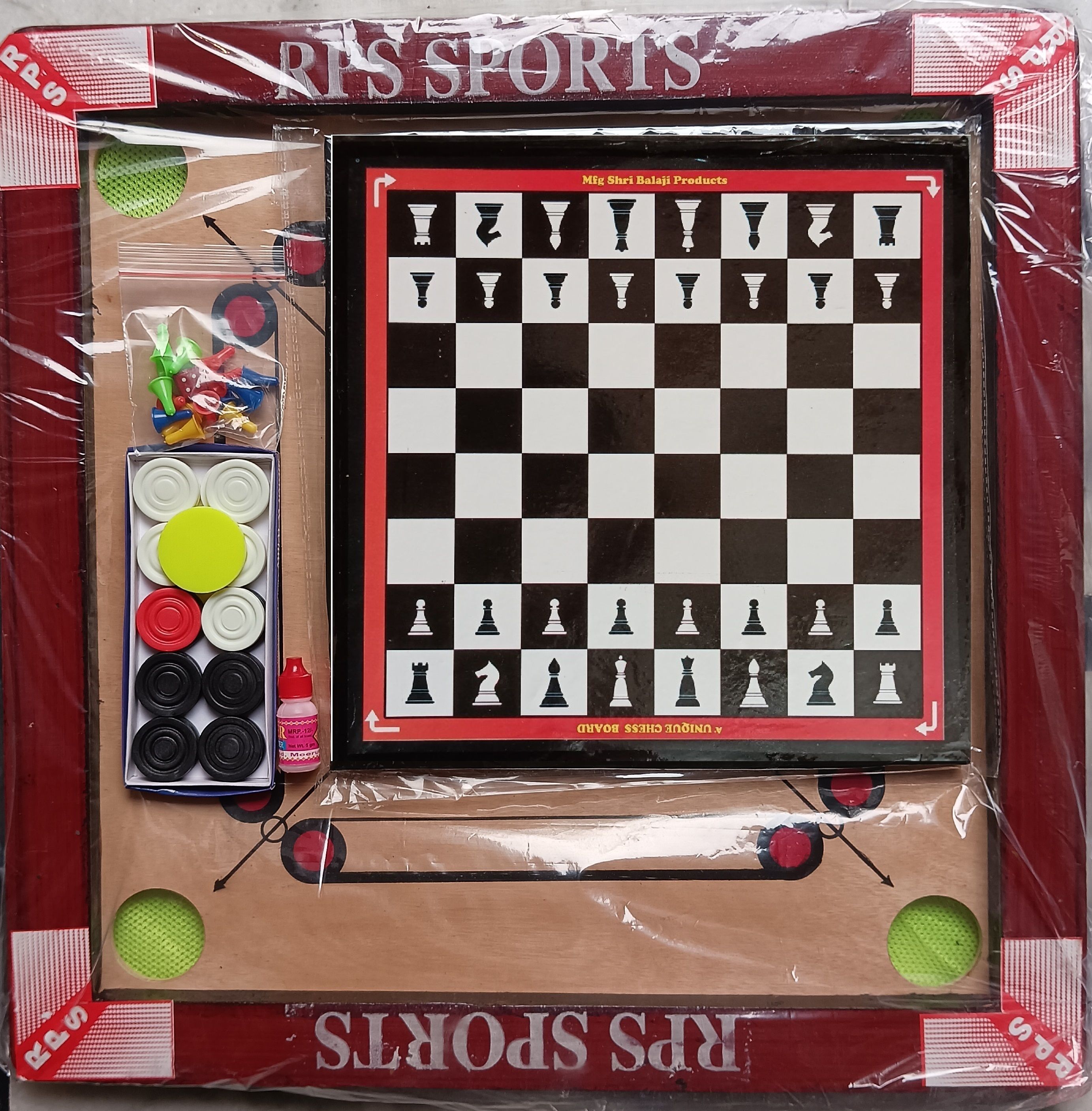 rps sports CARROM BOARD 20 INCH WITH CHESS LUDO, CARROM COIN, STRIKER AND POWDER 50 cm Carrom Board-picture-19