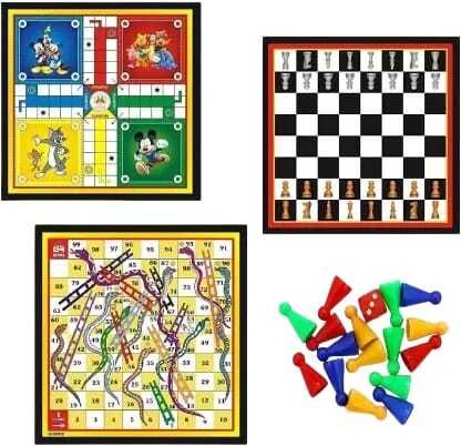 Ludo+Chess + Snake & Ladders 3 in 1 Board Game Combo With One Set OF Ludo Coins 20 cm Chess Board