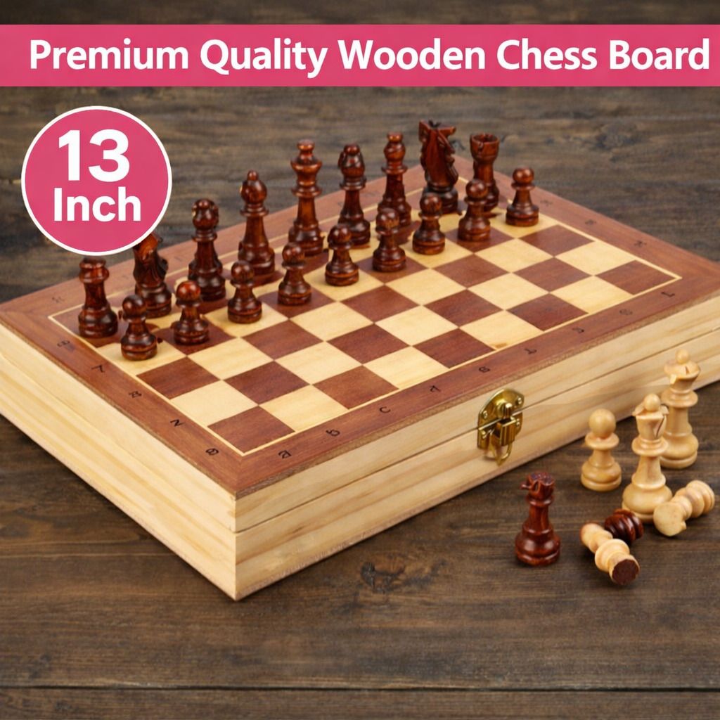 Premium Quality 13 Inch Wooden Chess Set with Folding Board & Storage 33 cm Chess Board-image-5