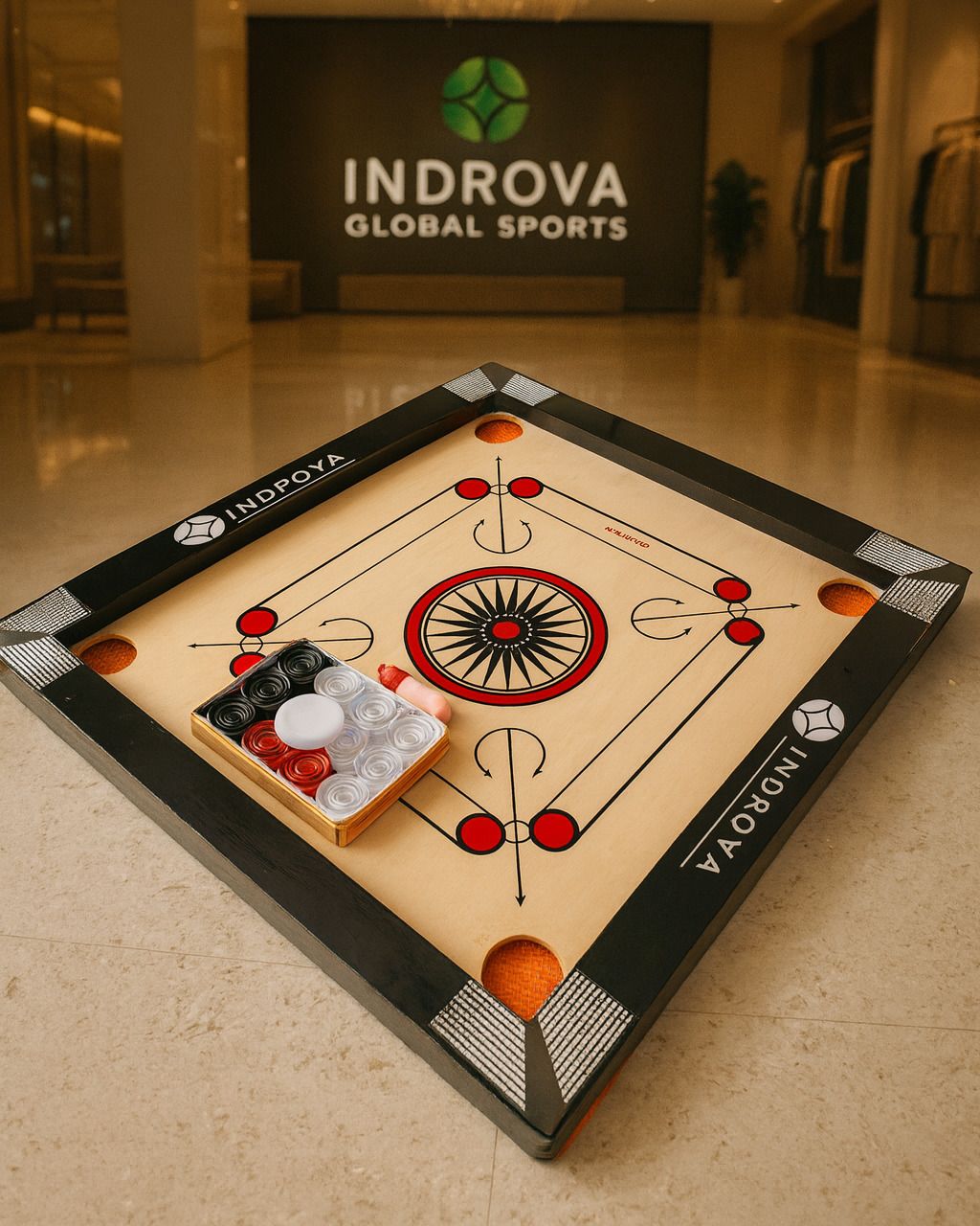 CARROM BOARD 20 INCH WITH CRYSTAL COINS, RED FRAME KIKKAR WOOD 50 cm Carrom Board