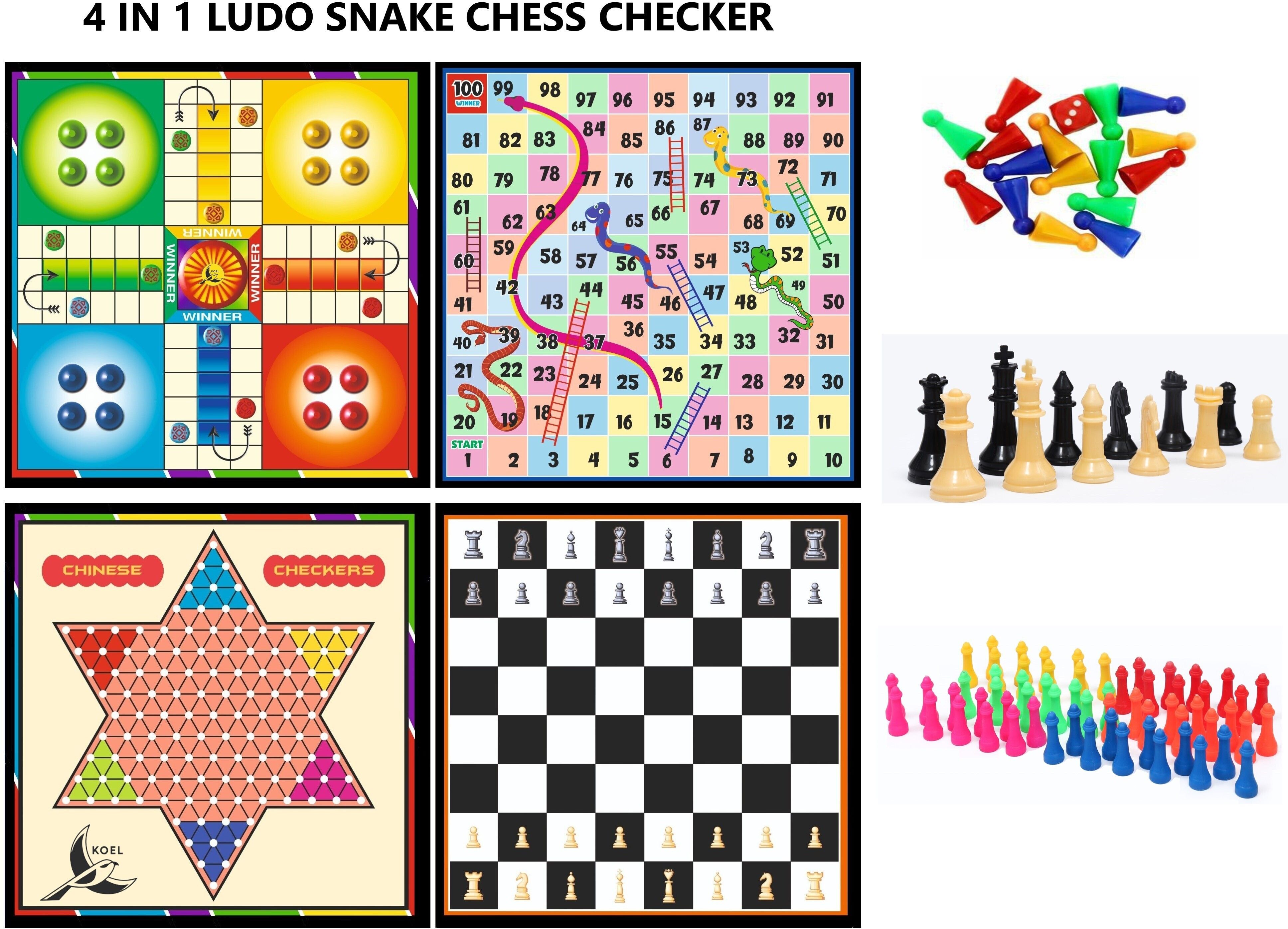 2 in 1 Wooden 12*12" Checker & Chess | Ludo & Snake | Checker Token Chessmen | 32 cm Chess Board