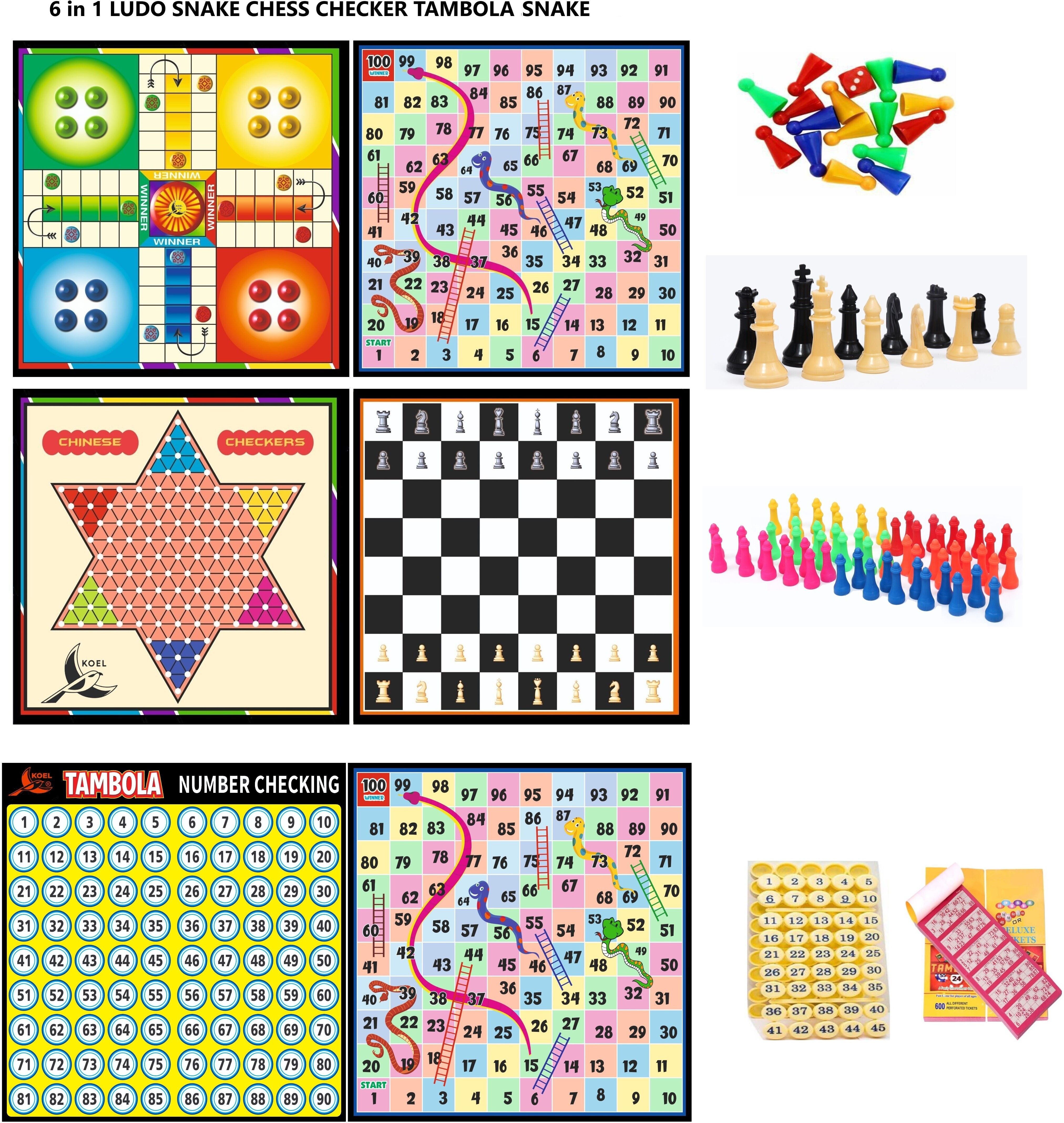 6 in 1 Wooden 12*12" Ludo Snake Tambola Snake Chess Checker | Token Chessmen | 32 cm Chess Board