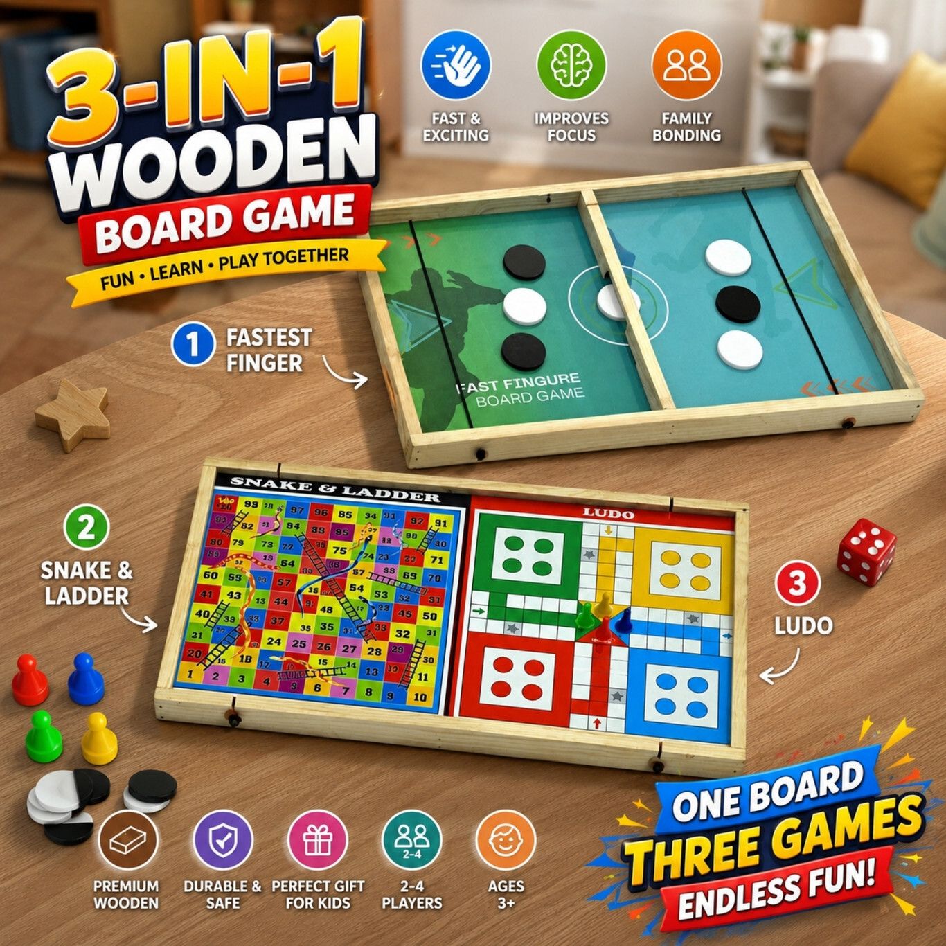 3 in 1 Wooden Board Game Set | Fast Sling Puck 10 cm Chess Board-image-2