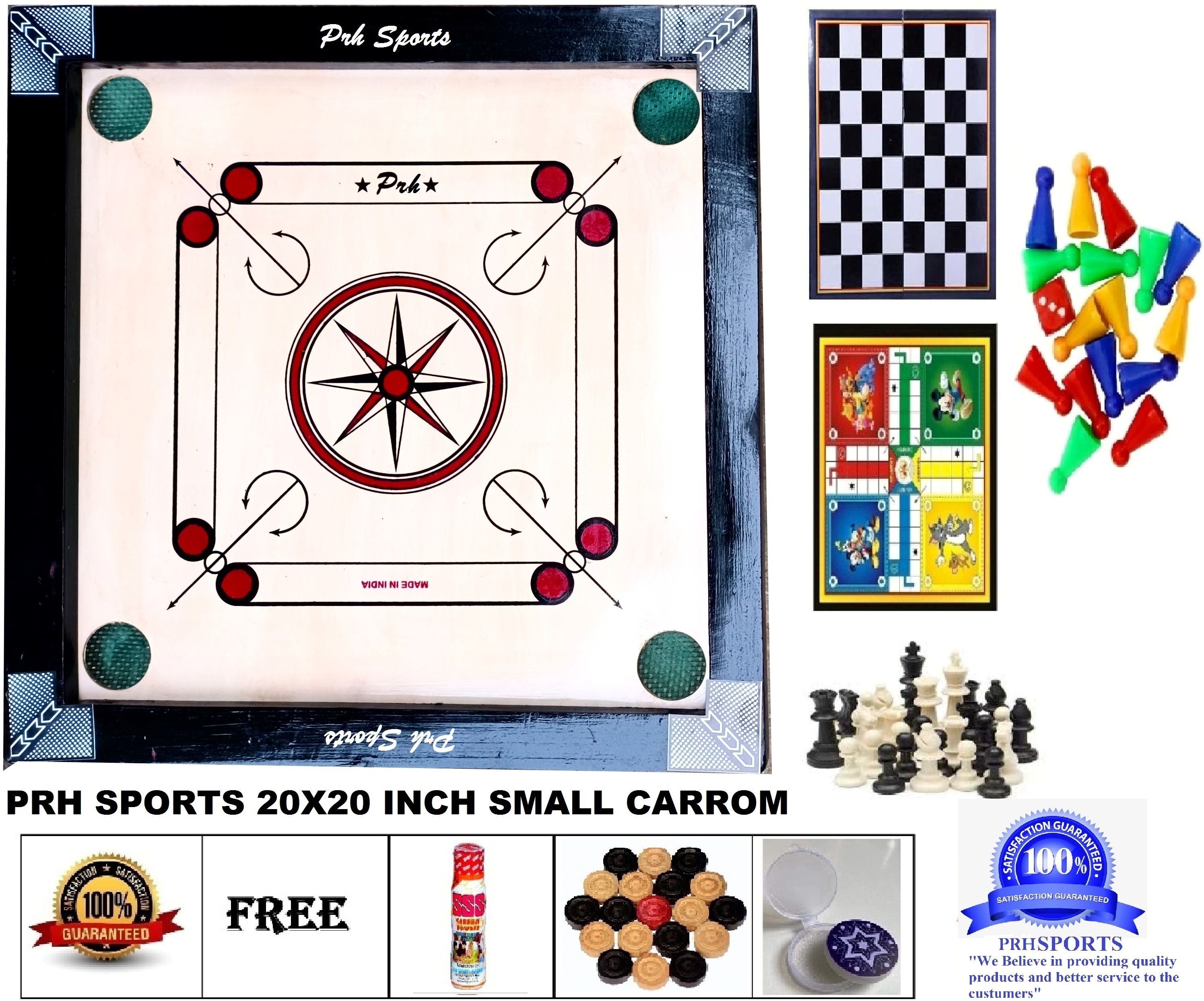 SMALL 20X20 INCH SMALL CARROM WITH LUDO & CHESS. 3 cm Carrom Board-image-27