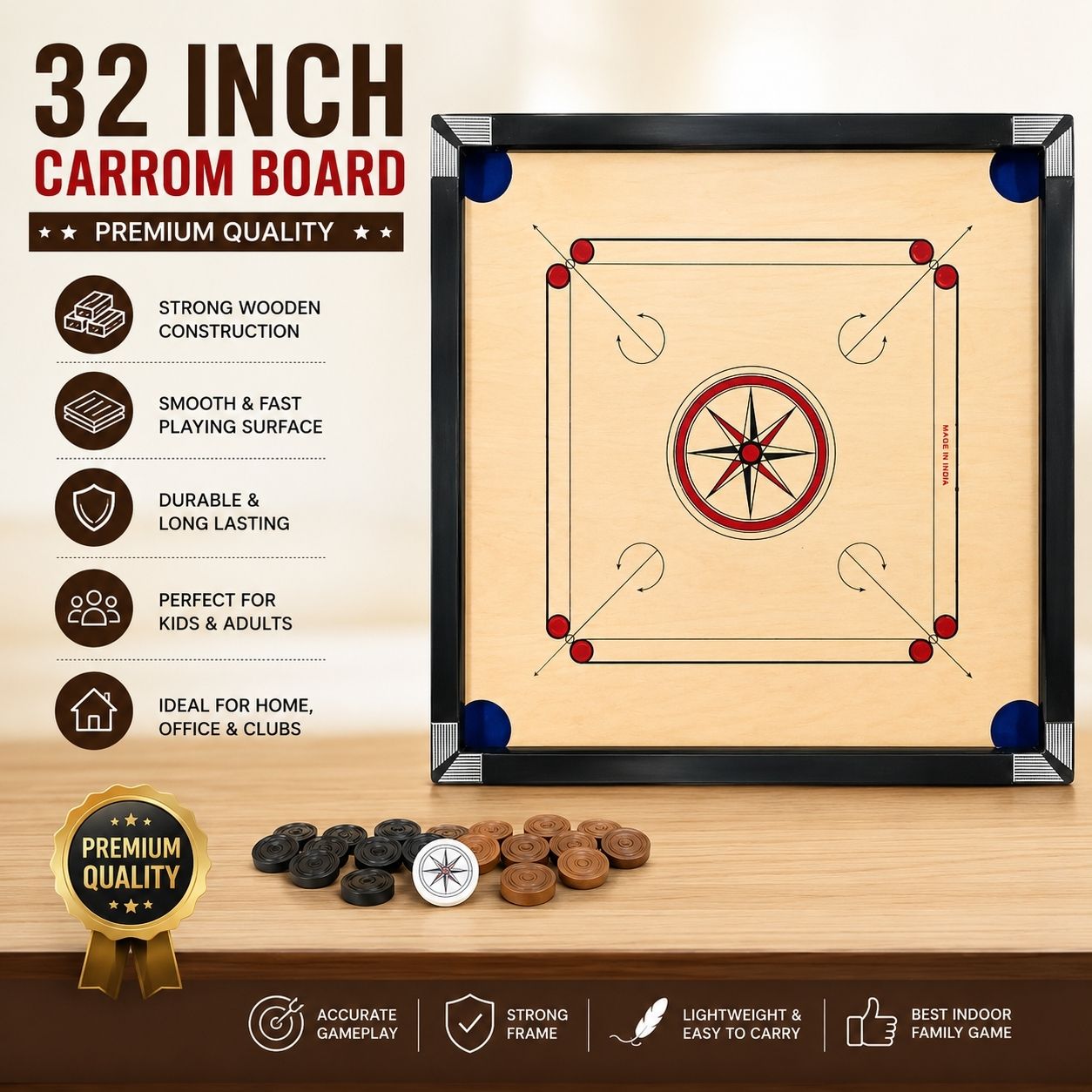 Full length Carrom board 32x32 81 cm Carrom Board-image-2