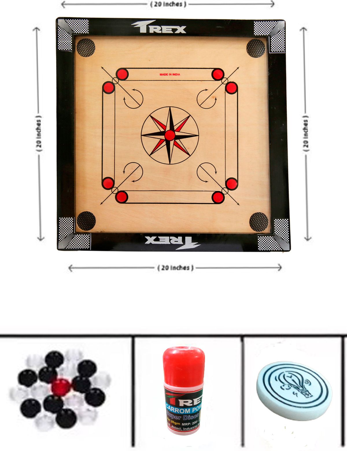 GLOSS FINISH SMALL 20 INCH CARROM BOARD WITH SPECIAL COINS, POWDER & STRIKER 50.8 cm Carrom Board