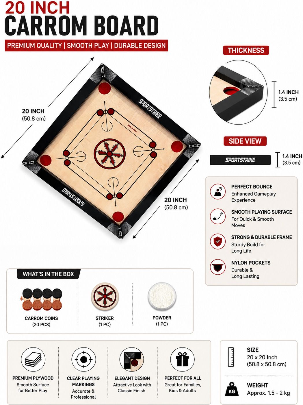 sportstrike Waterproof Carrom Board 20-20 inch 50 cm Carrom Board-picture-28