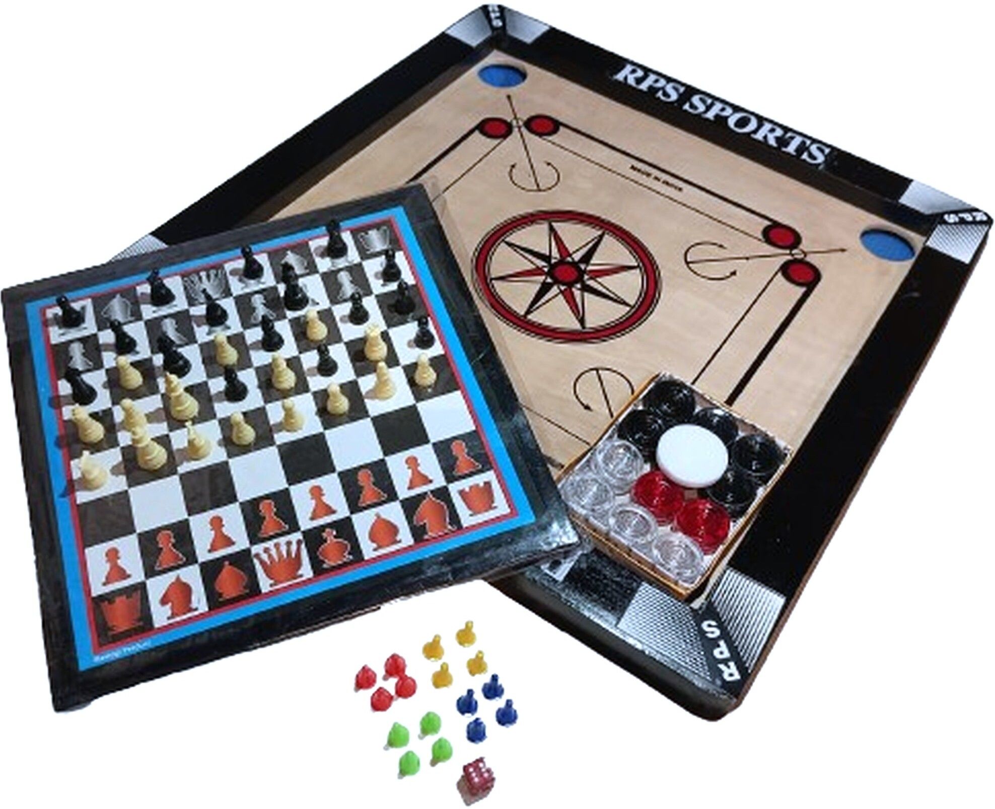 CARROM BOARD 20 inch with Chess & Ludo , 24Pcs. Crystal Coins, Powder, Striker 50 cm Carrom Board-image-25