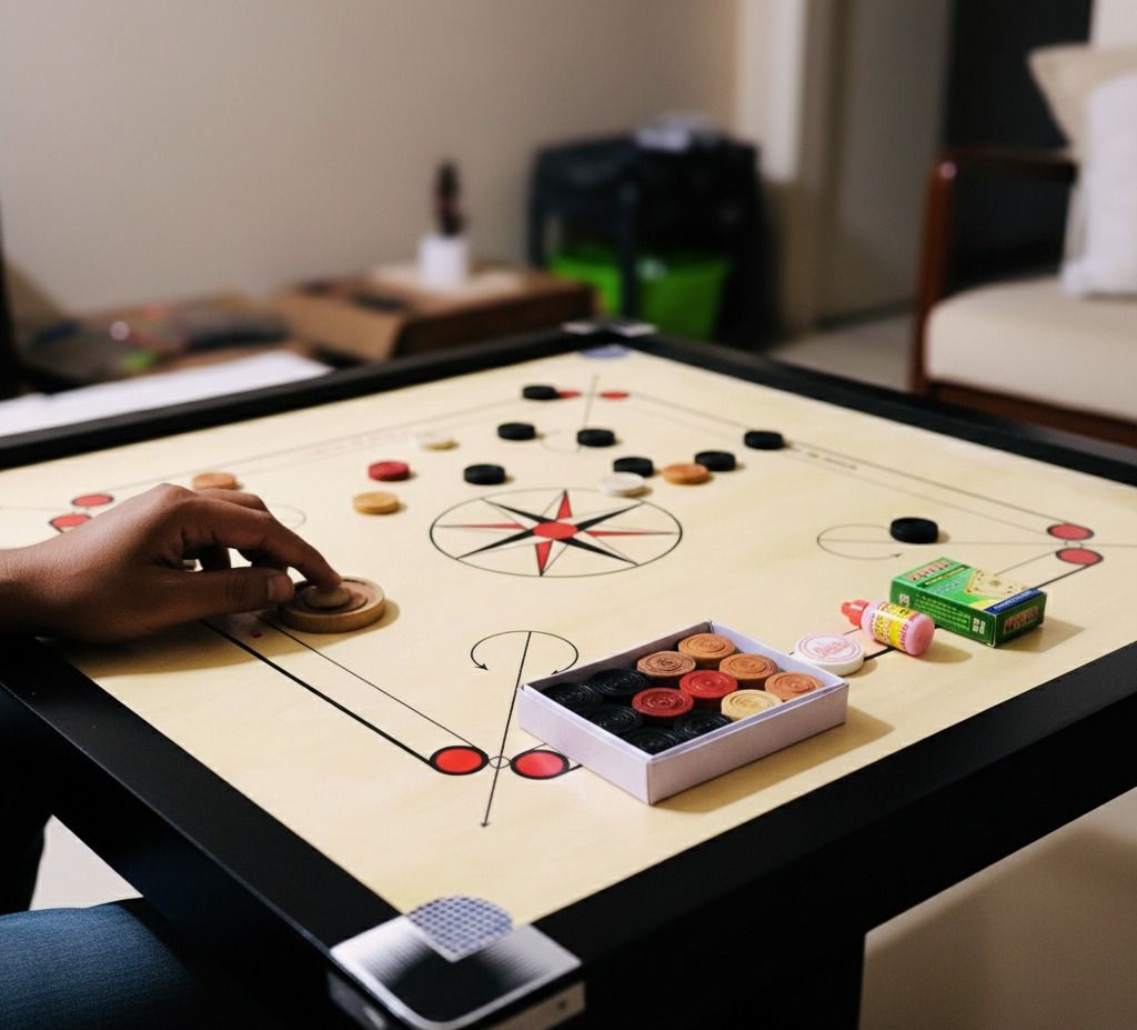 ssportshub 26" Wooden Carrom Board with Gloss Finish | Smooth Ply | Coins, Striker & Powder 66 cm Carrom Board-picture-29