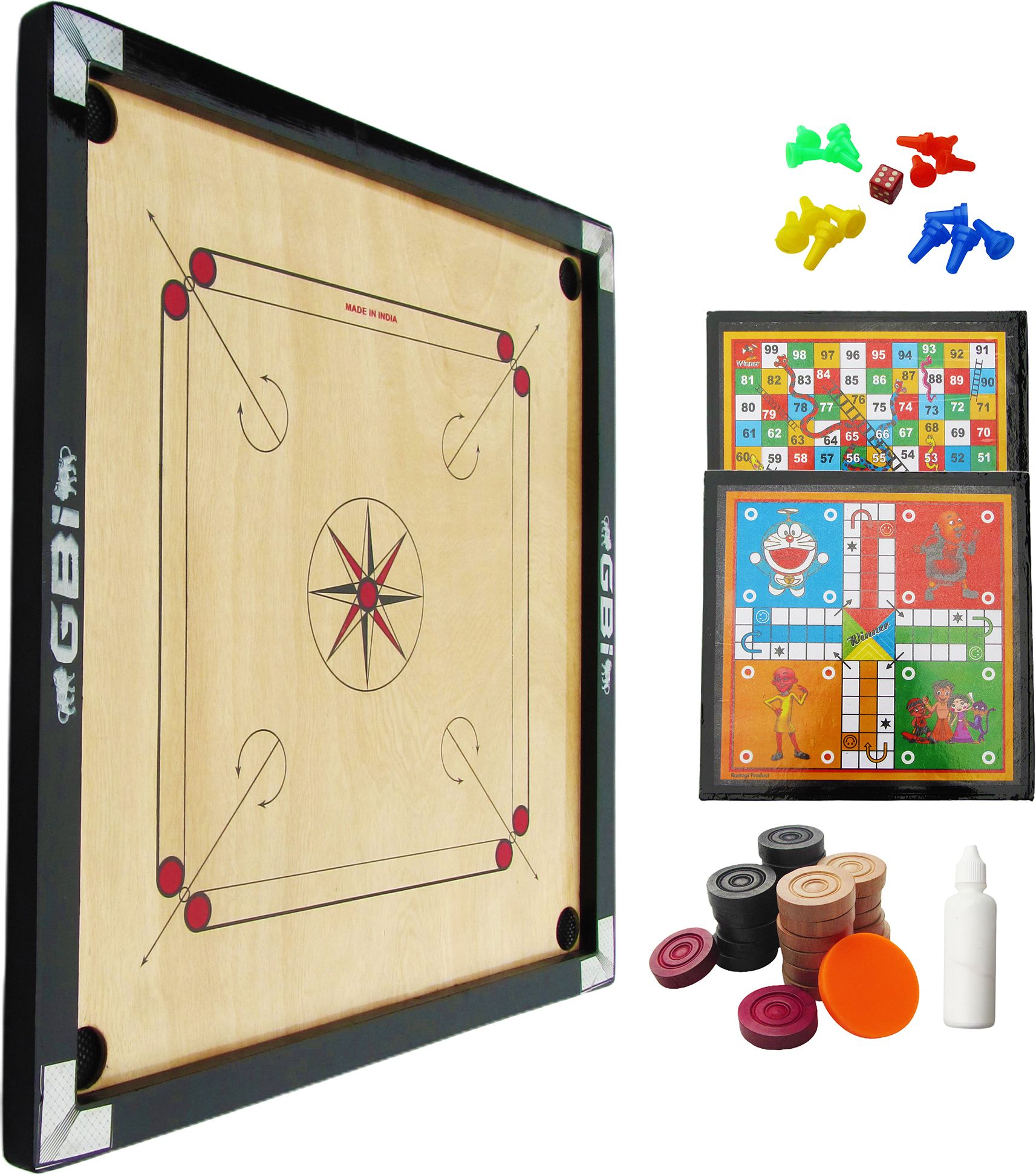 gbi 32 Inches Carrom Board Combo-Ludo, Snake & Ladder with Coins, Striker, & Powder 82 cm Carrom Board-picture-17