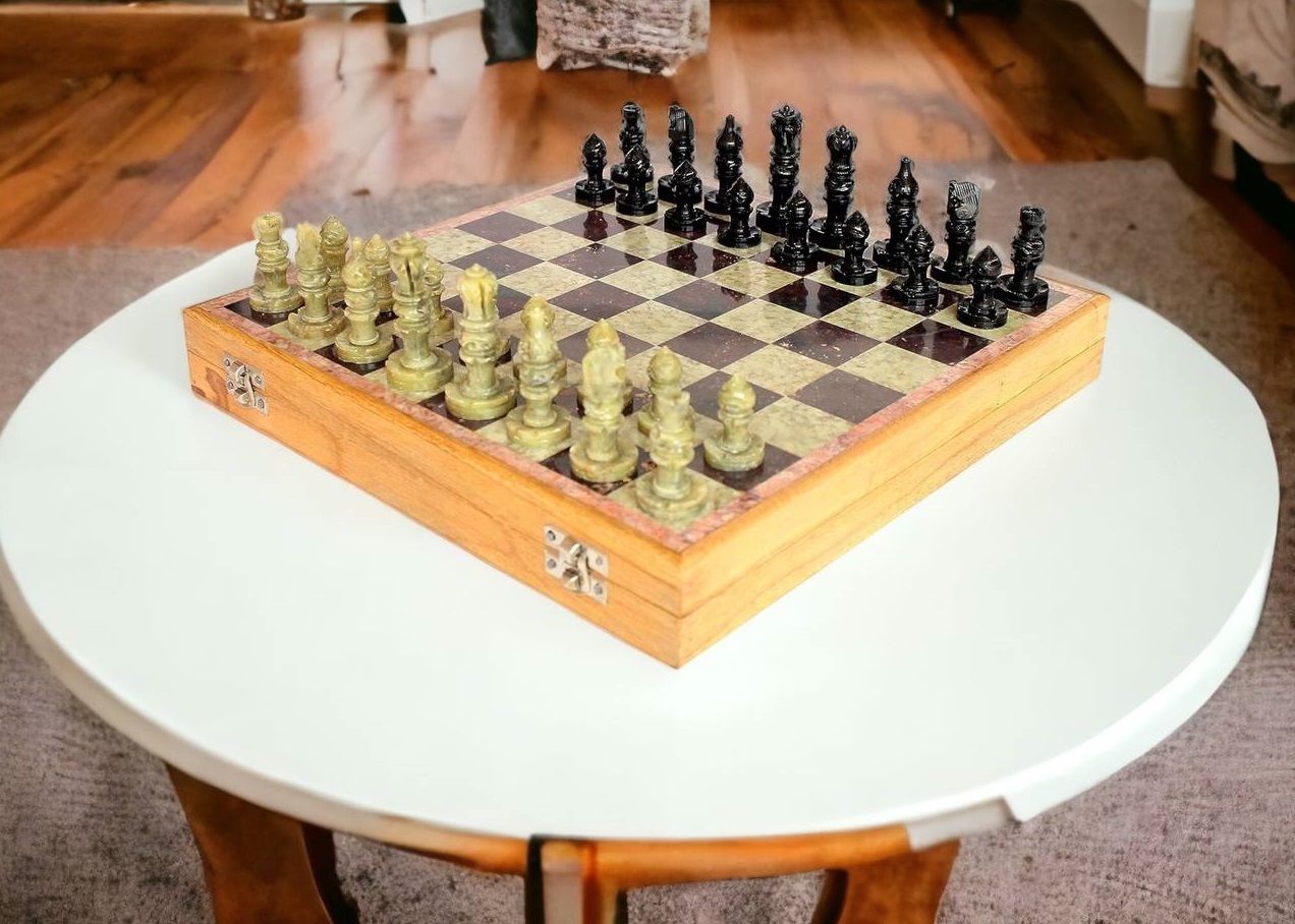 pooja creation Marble Soapstone SHATRANJ Game ll Handicrafts indoor chess game – 10 inch 25 cm Chess Board-picture-20