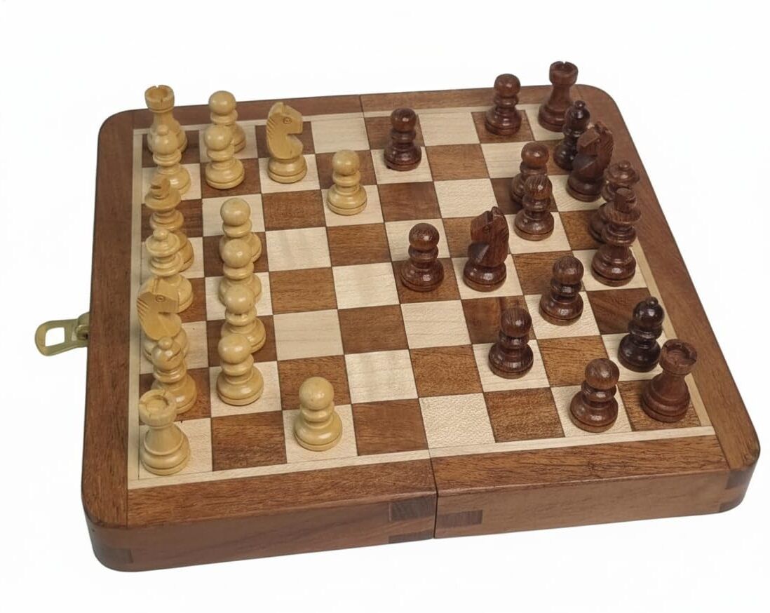 Foldable Travel Handcrafted Wooden Magnetic Chess Set with Extra Storage 19 cm Chess Board-image-12