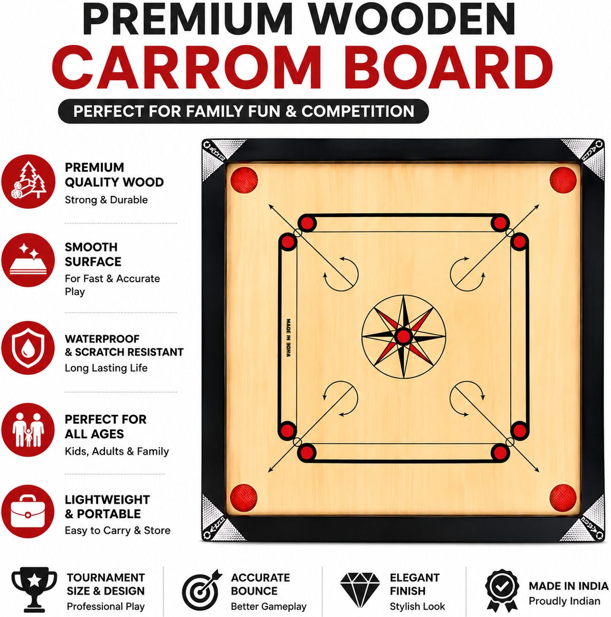 SPOGAR Carrom Board Set with Coins, Striker & Powder for Family Fun 55 cm Carrom Board-image-21