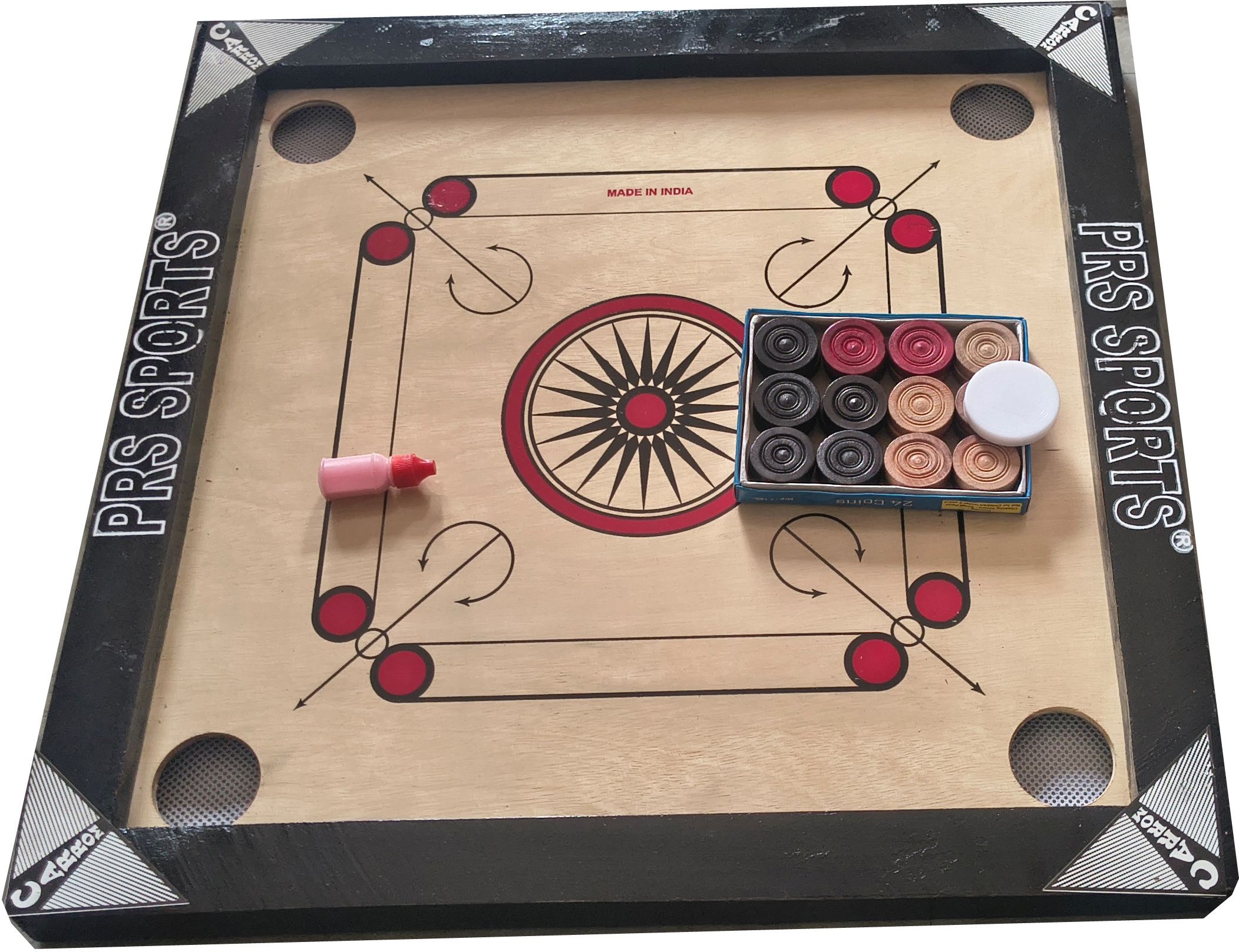 prssports 20X20 INCH SMALL SIZE CARROM WITH 24 WOODEN COIN , 5 GM DISCO POWDER . 50 cm Carrom Board-picture-37