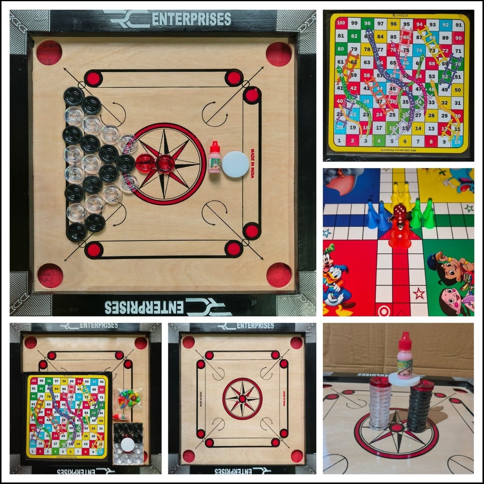 CARROM BOARD with Ludo & Snake n Ladder, 24Pcs. Crystal Coins, Powder, Striker 50 cm Carrom Board
