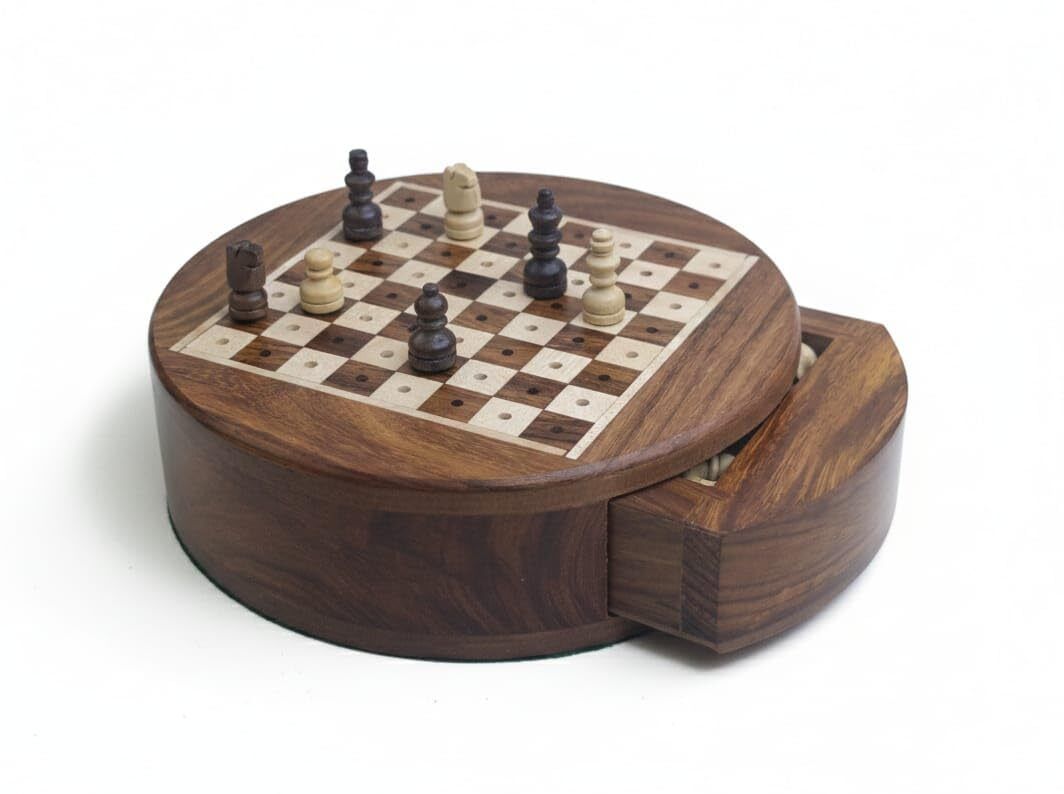 Handcrafted Inlaid Design Wooden Chess Set with Storage Drawer Travel Game 12.7 cm Chess Board-image-30