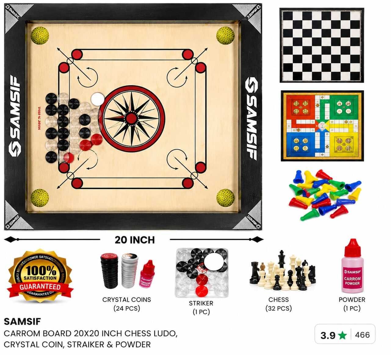 PRIMUM 20X20 INCH (50CM)WOODEN CARROM BOARD WITH 2 IN ONE CHESS AND LUDO 3 cm Carrom Board-image-33