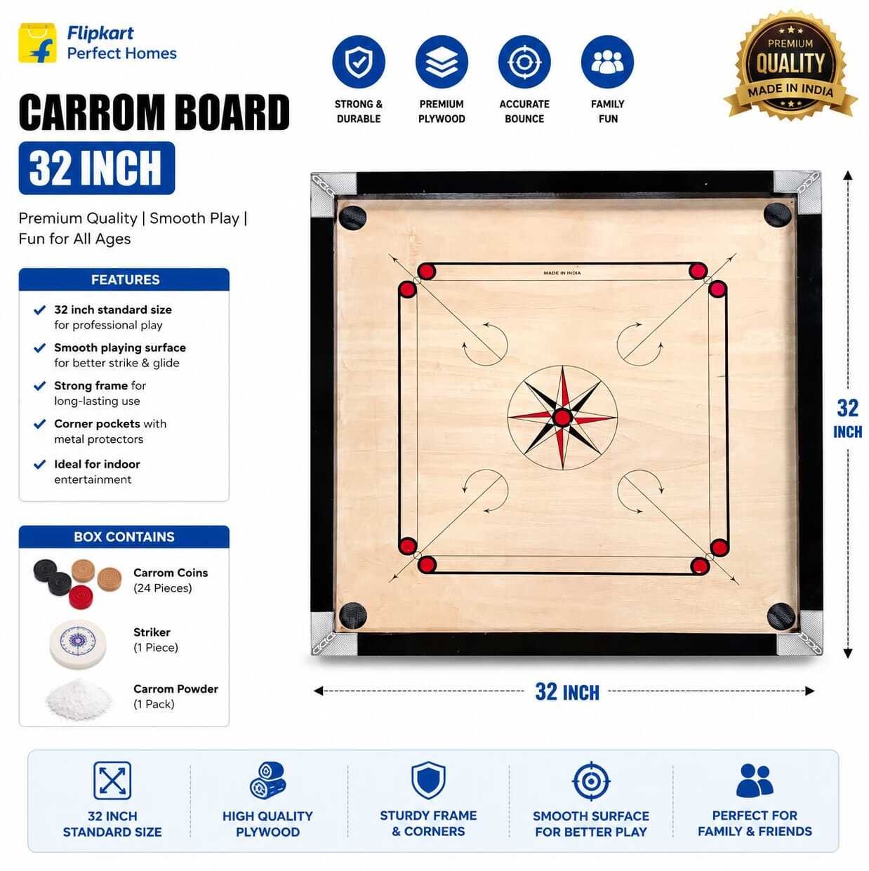 samsif 32X32 INCH(80cm) FULL SET HAVEY DUTY 5 cm Carrom Board-picture-32
