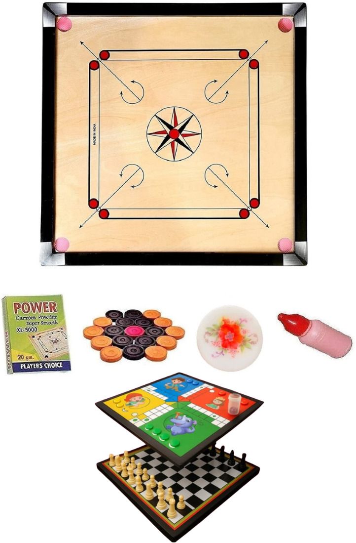 3 in 1 Carrom Ludo Chess Board Game Combo with Coins Striker & Powder 1 cm Carrom Board-image-15