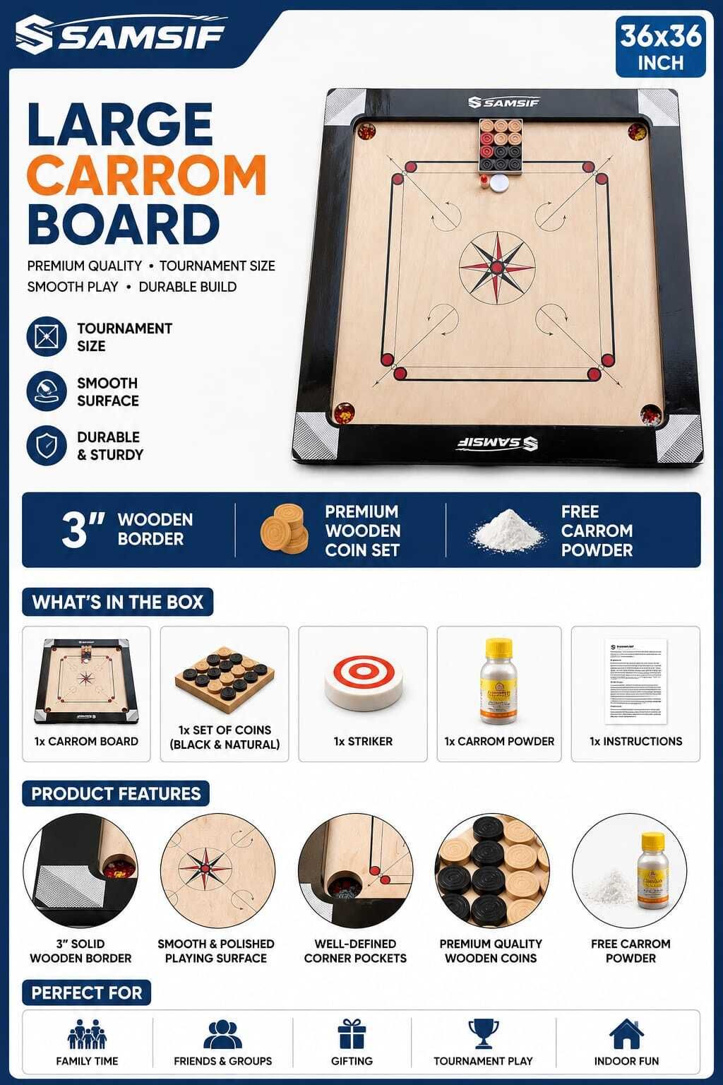 samsif HAVEY DUTY 36 INCH CARROM FULL SET 5 cm Carrom Board-picture-12